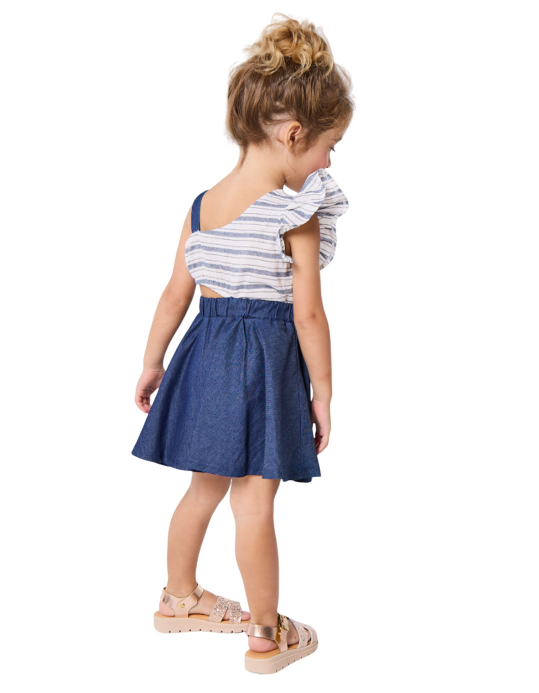 Καλοκαιρινό παιδικό φόρεμα για κορίτσι με ρίγες και βολάν σε τζιν απόχρωση.Regular Fit. Καλοκαιρινό παιδικό φόρεμα για κορίτσι με ρίγες και βολάν σε τζιν απόχρωση.Regular Fit.