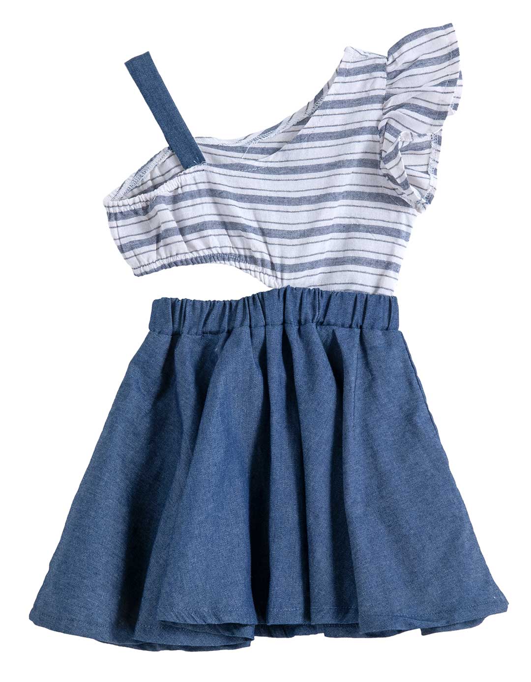 Καλοκαιρινό παιδικό φόρεμα για κορίτσι με ρίγες και βολάν σε τζιν απόχρωση.Regular Fit. Καλοκαιρινό παιδικό φόρεμα για κορίτσι με ρίγες και βολάν σε τζιν απόχρωση.Regular Fit.