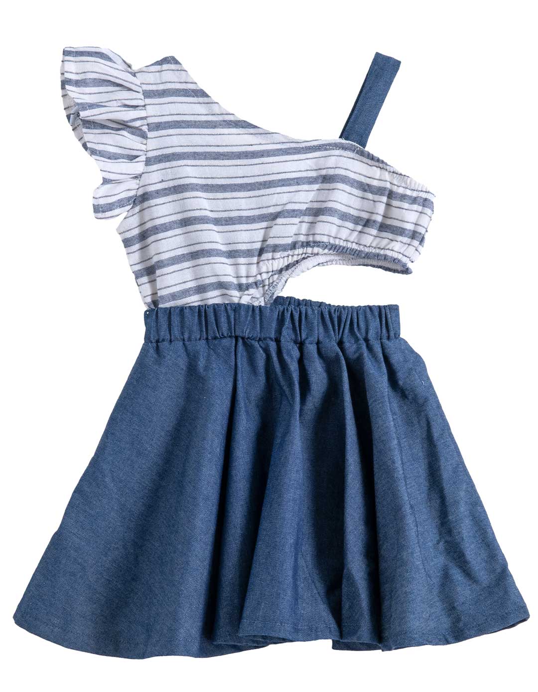 Καλοκαιρινό παιδικό φόρεμα για κορίτσι με ρίγες και βολάν σε τζιν απόχρωση.Regular Fit. Καλοκαιρινό παιδικό φόρεμα για κορίτσι με ρίγες και βολάν σε τζιν απόχρωση.Regular Fit.