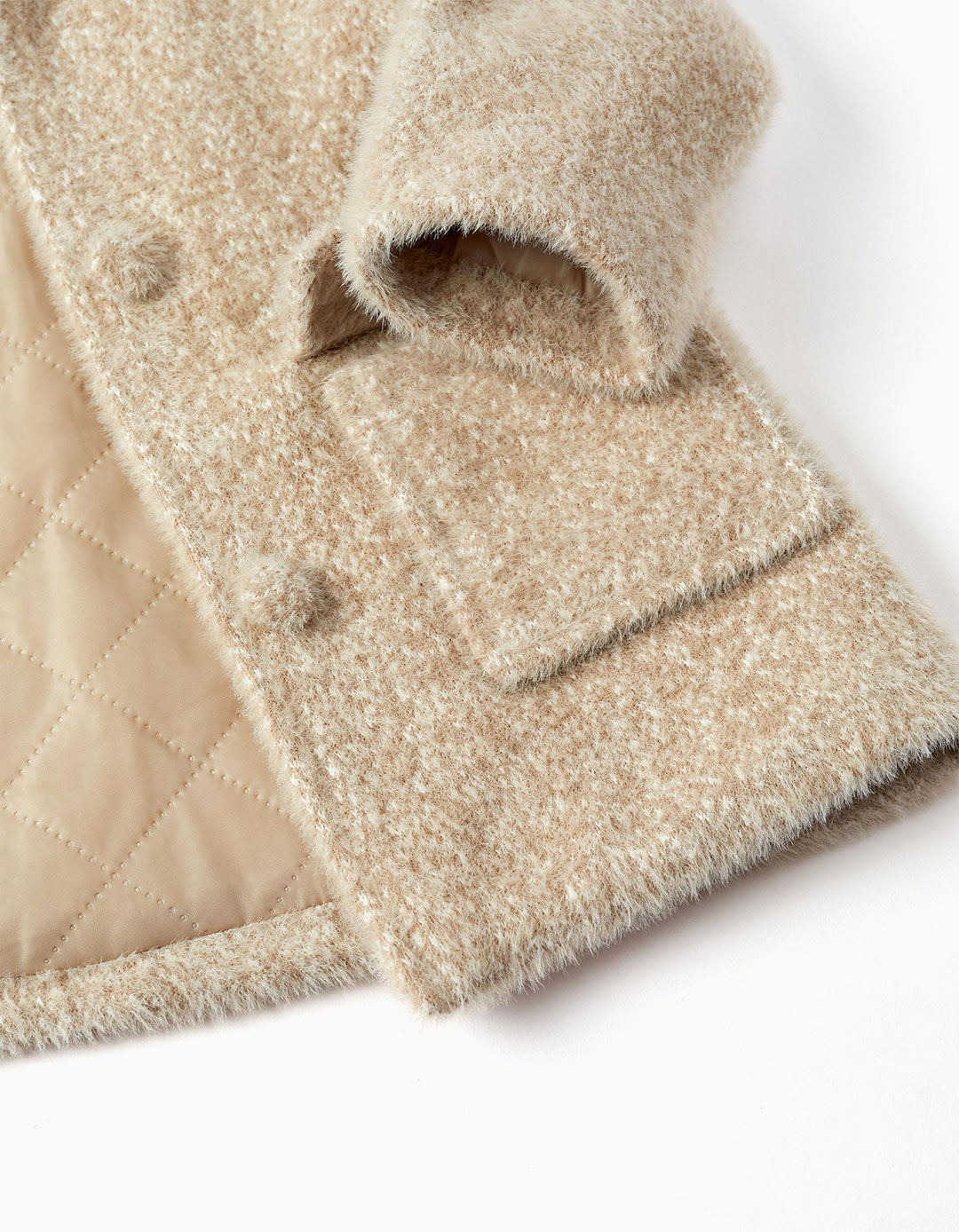 Γούνινο παλτό με τσέπες για κοριτσάκι, μπεζ, Slim Fit, 52% πολυαμίδι, 48% πολυεστέρας.