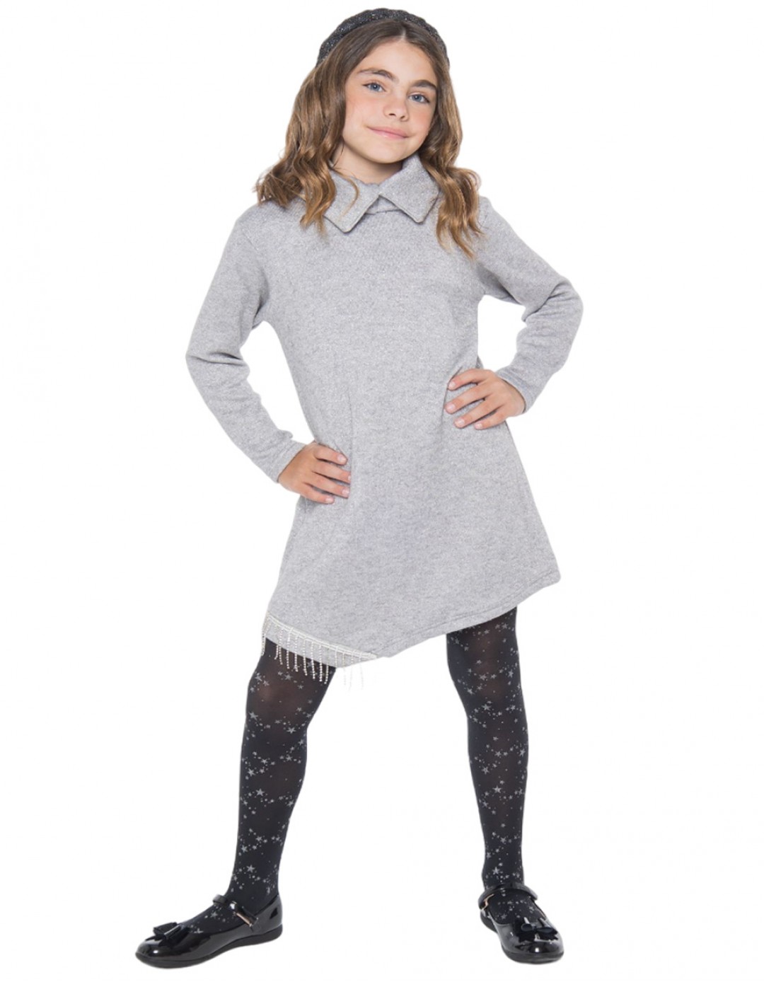 Παιδικό πλεκτό φόρεμα για κορίτσι, ασημί, Regular Fit, 50% Visc-28% Pol-22% Nyl.