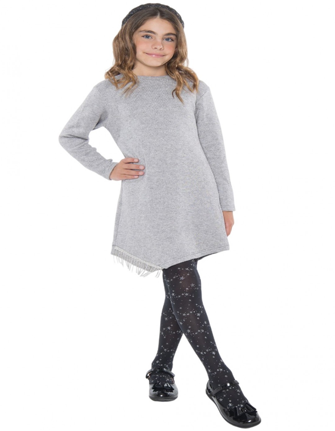 Παιδικό πλεκτό φόρεμα για κορίτσι, ασημί, Regular Fit, 50% Visc-28% Pol-22% Nyl.