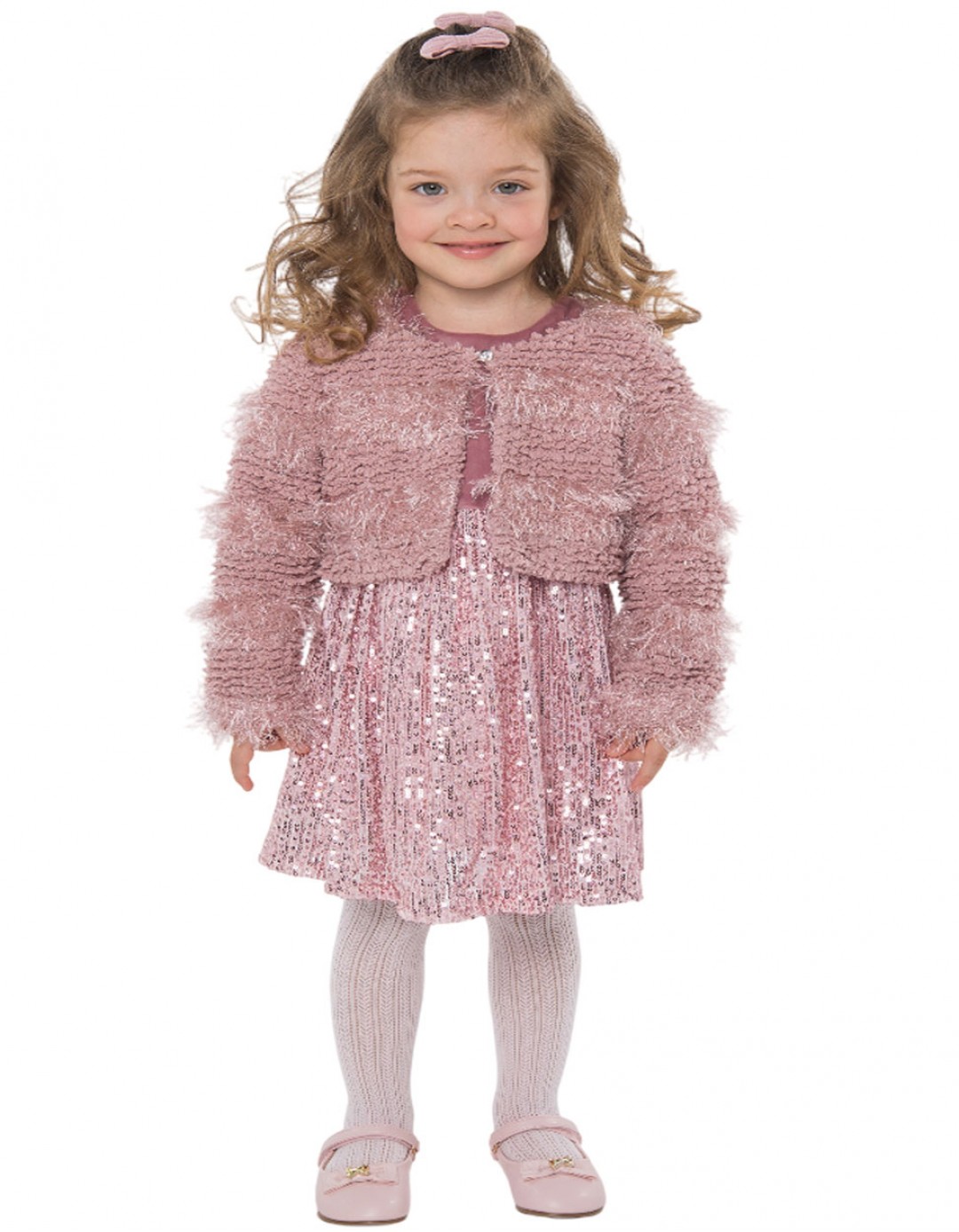 Παιδικό βελούδινο φόρεμα για κορίτσι με μπολερό και παγιέτες, ροζ Regular Fit, 48% Cott-40% Pl-10% Ray-2% El.