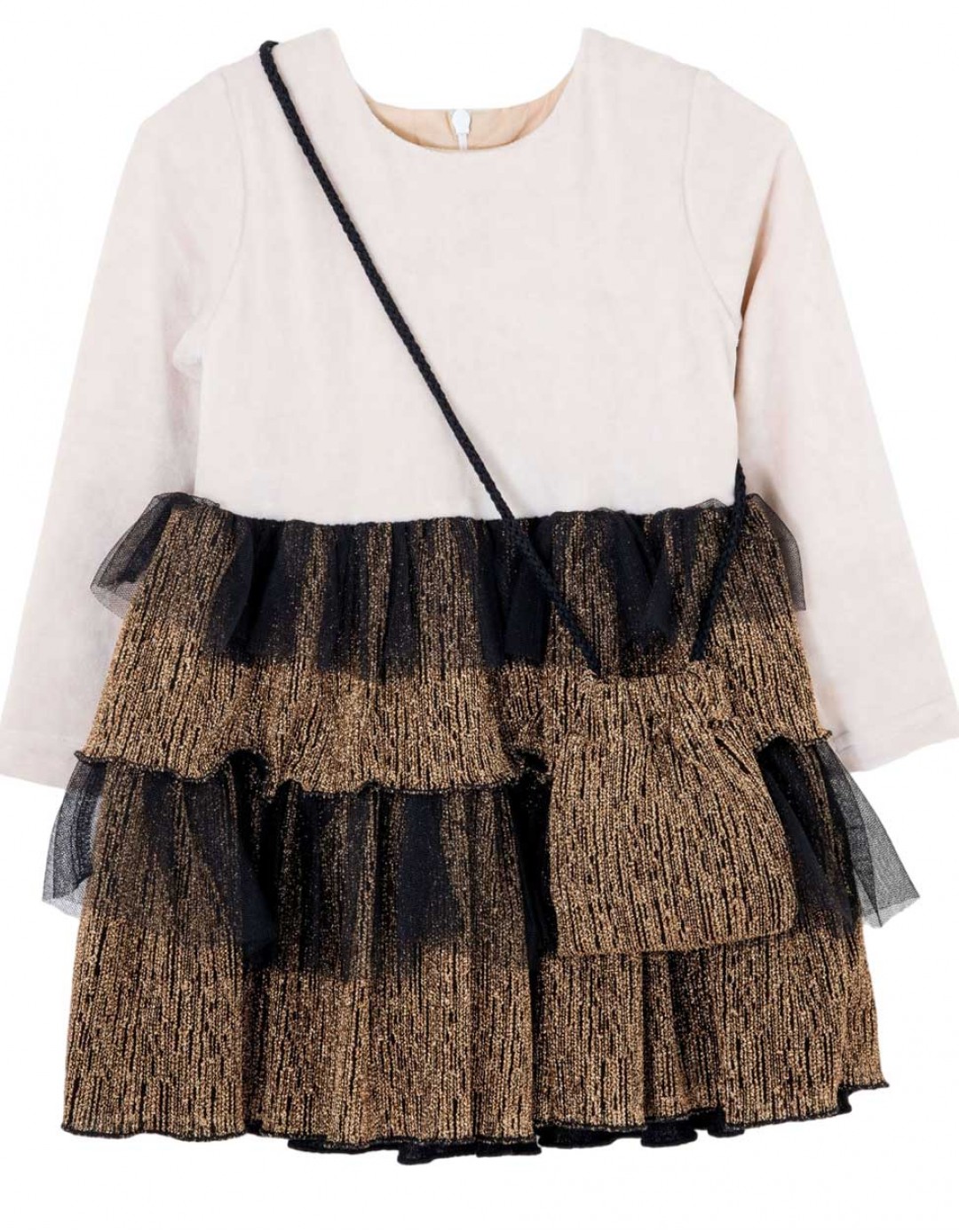 Παιδικό φόρεμα για κορίτσι με τσάντα, βελουτέ, μπεζ-χρυσό, Regular Fit, 30% Cott-41% Pl-2% L-12% Ny-15% Me.