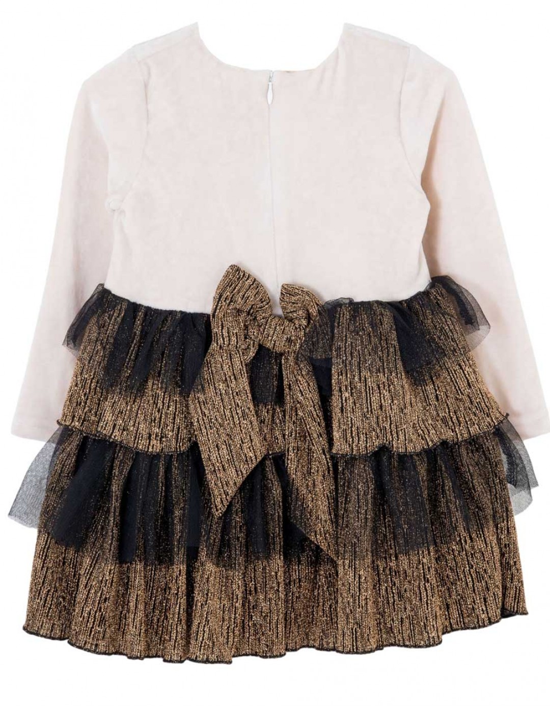 Παιδικό φόρεμα για κορίτσι με τσάντα, βελουτέ, μπεζ-χρυσό, Regular Fit, 30% Cott-41% Pl-2% L-12% Ny-15% Me.