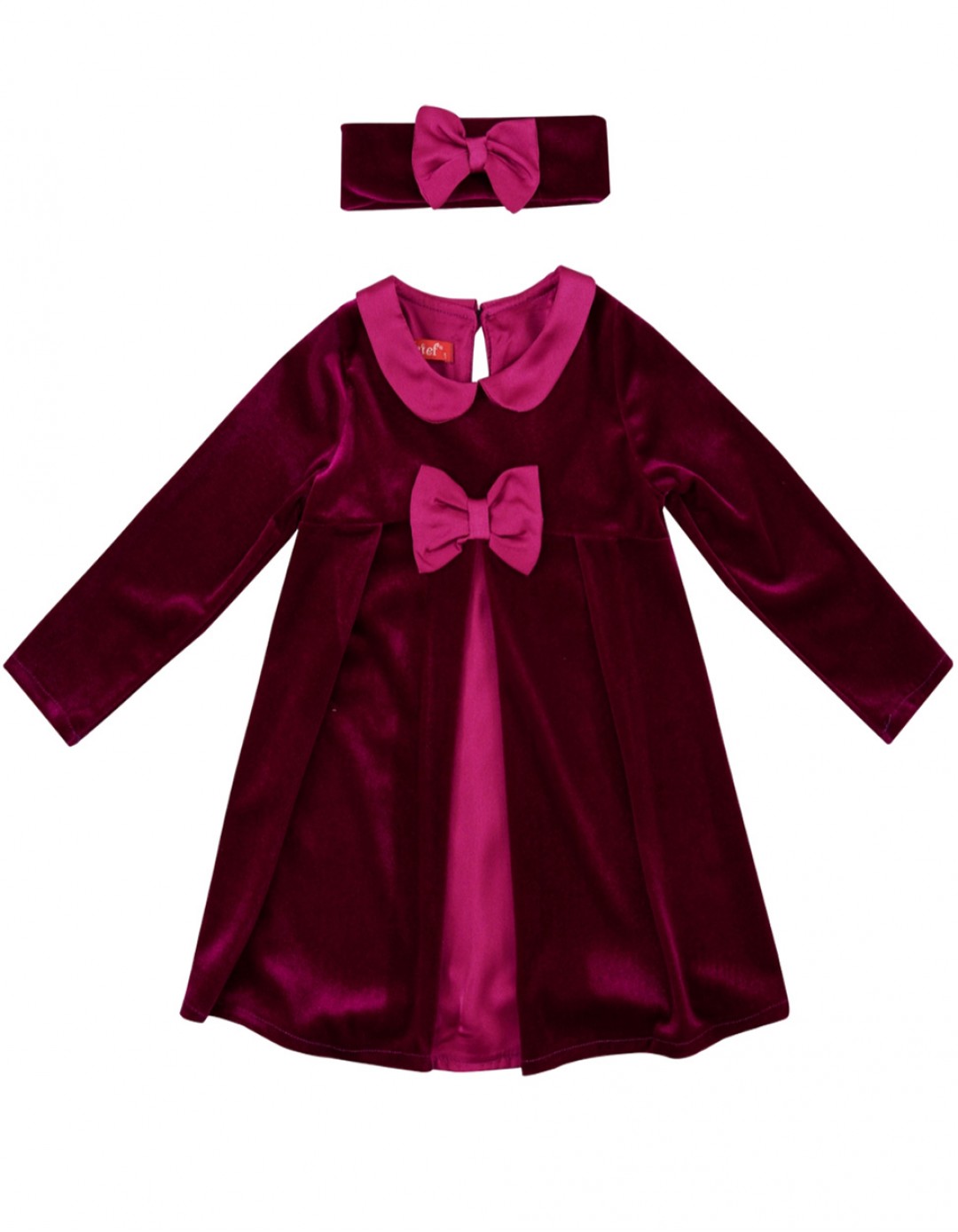 Παιδικό φόρεμα με κορδέλα για κορίτσι, βελουτέ, μελιτζανί, Regular Fit, 93% Pes-7% SP-100% Pes.