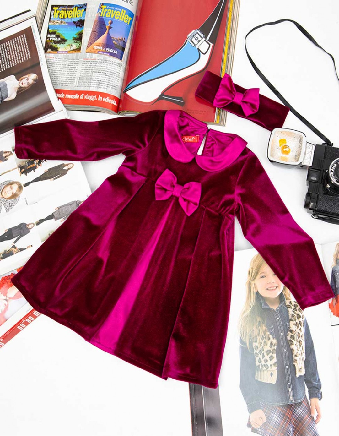 Φόρεμα κορίτσι βελουτέ με κορδέλα Chief Παιδικό φόρεμα βελουτέ με κορδέλα σε μελιτζανί χρώμα Chief