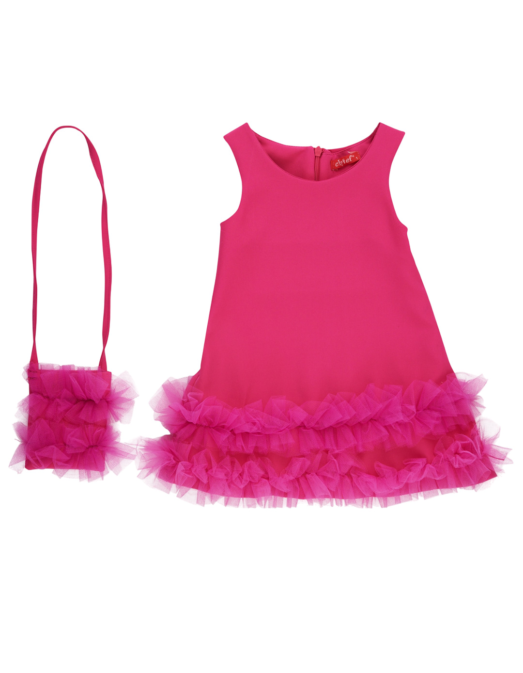 Παιδικό φόρεμα σε φούξια απόχρωση με τούλι και τσαντάκι,89%Pes 11%Sp / 100%Pes .Regular Fit.