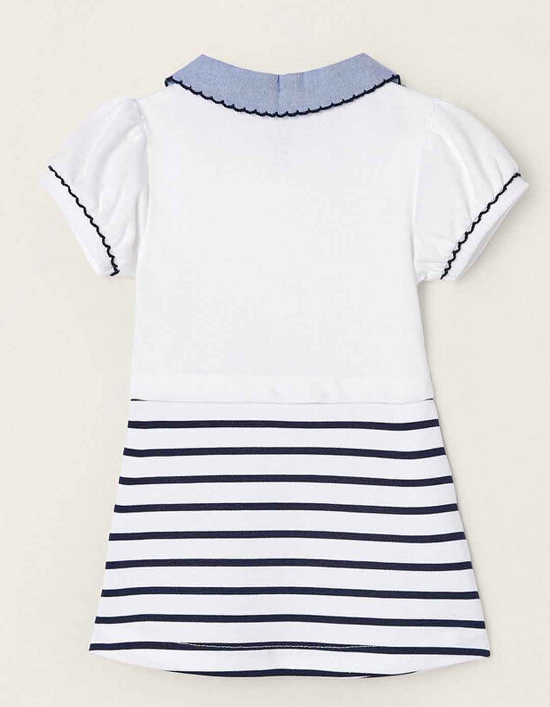 Φόρεμα για κορίτσι πικέ, Λευκό/Μπλε, Slim Fit, 100% βαμβάκι. Φόρεμα για κορίτσι πικέ, Λευκό/Μπλε, Slim Fit, 100% βαμβάκι.