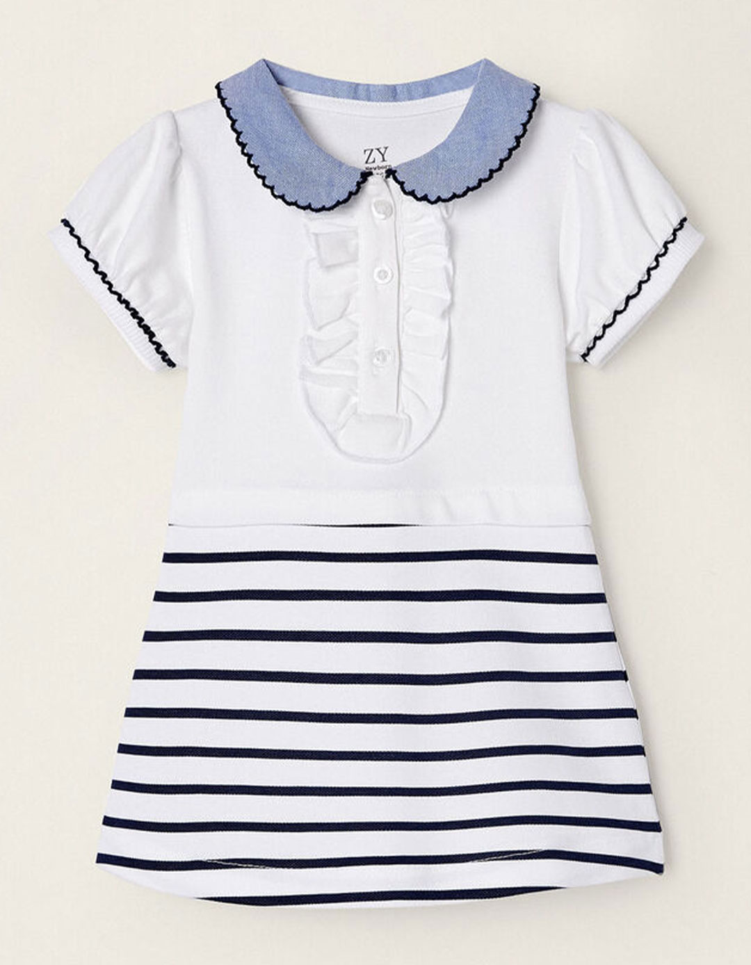 Φόρεμα για κορίτσι πικέ, Λευκό/Μπλε, Slim Fit, 100% βαμβάκι.