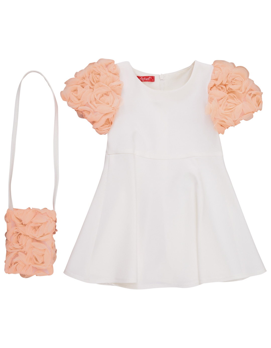 Παιδικό φόρεμα λευκό με διακοσμητικά μανίκια λουλούδια και τσαντάκι,89%Pes 11%Sp / 100%PesRegular Fit.