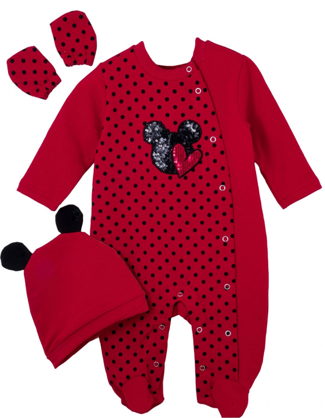 Βρεφικό σετ ολόσωμο φορμάκι με σκουφάκι και γαντάκια για κορίτσι, κόκκινο.Regular Fit.