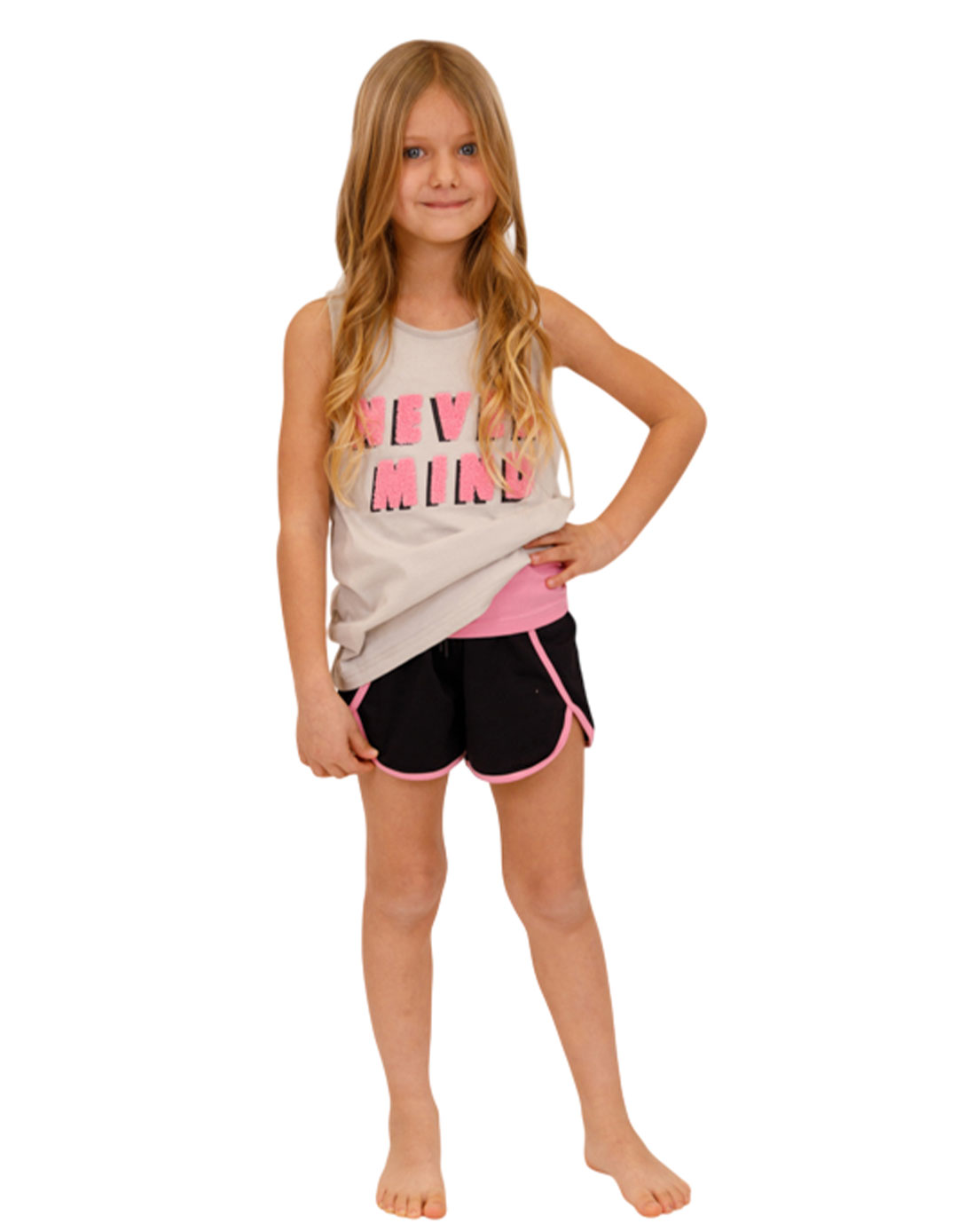  Παιδικό Καλοκαιρινό Σετ για Κορίτσι "Never Mind" με Ροζ Τοπ και Μαύρο Σορτς.Regular Fit.