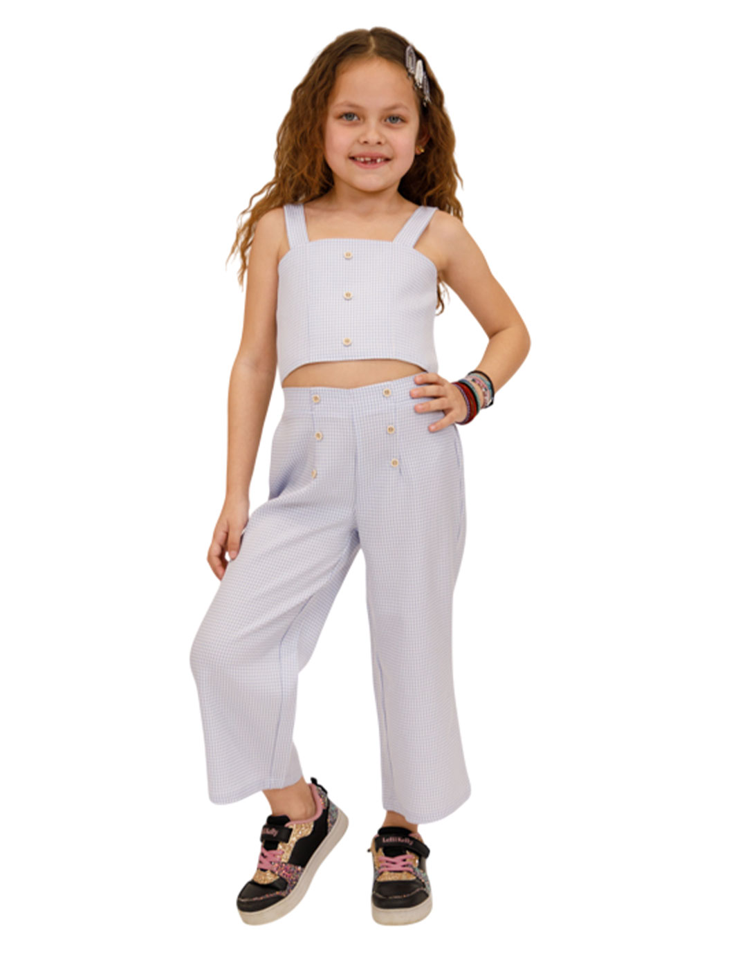 Παιδικό Σετ για Κορίτσι Καρό Σιελ-Λευκό – Τοπ & Παντελόνα.Regular Fit.