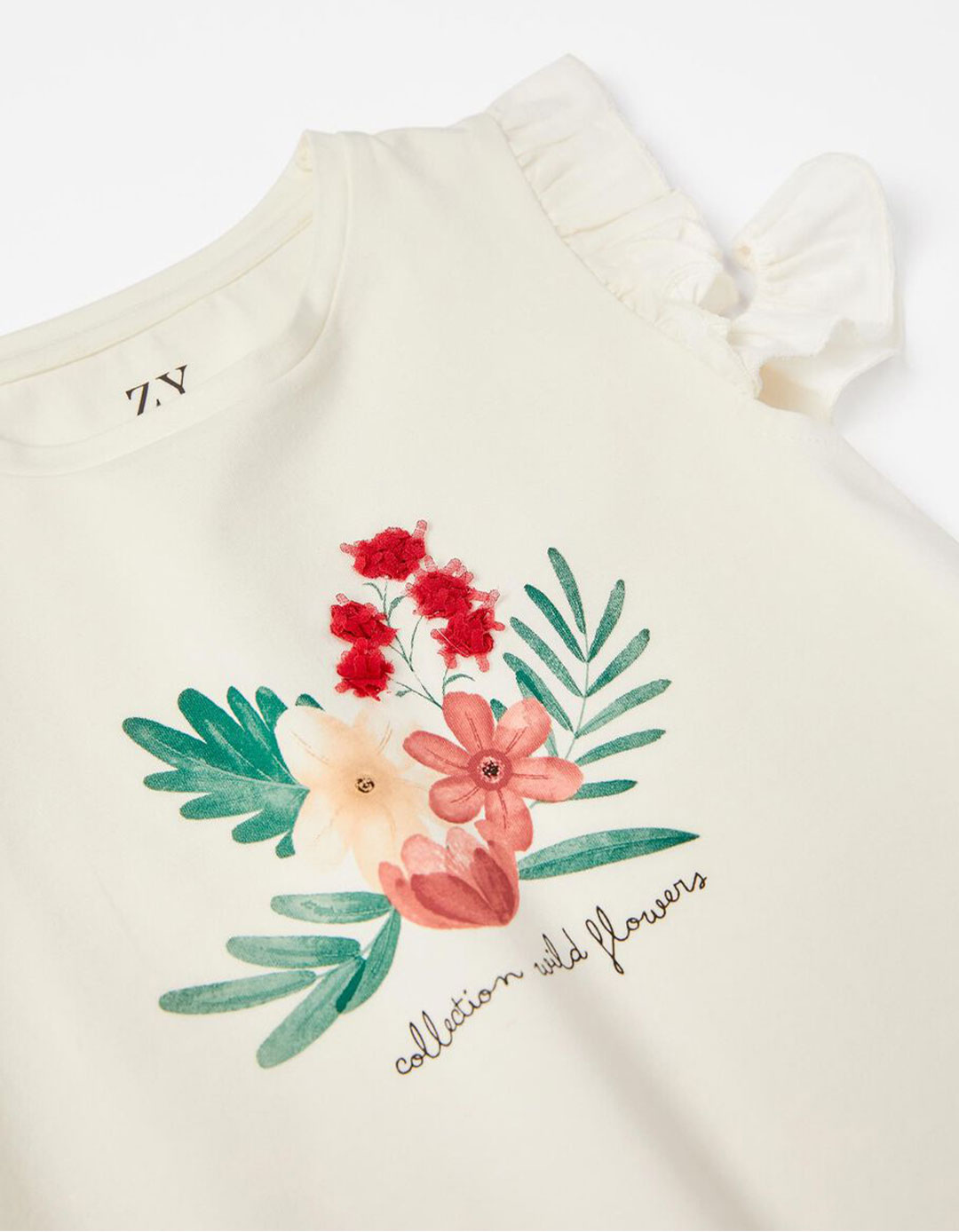 Λευκό μπλουζάκι για κορίτσια με εκτύπωση λουλουδιών, Slim Fit, 100% βαμβάκι.