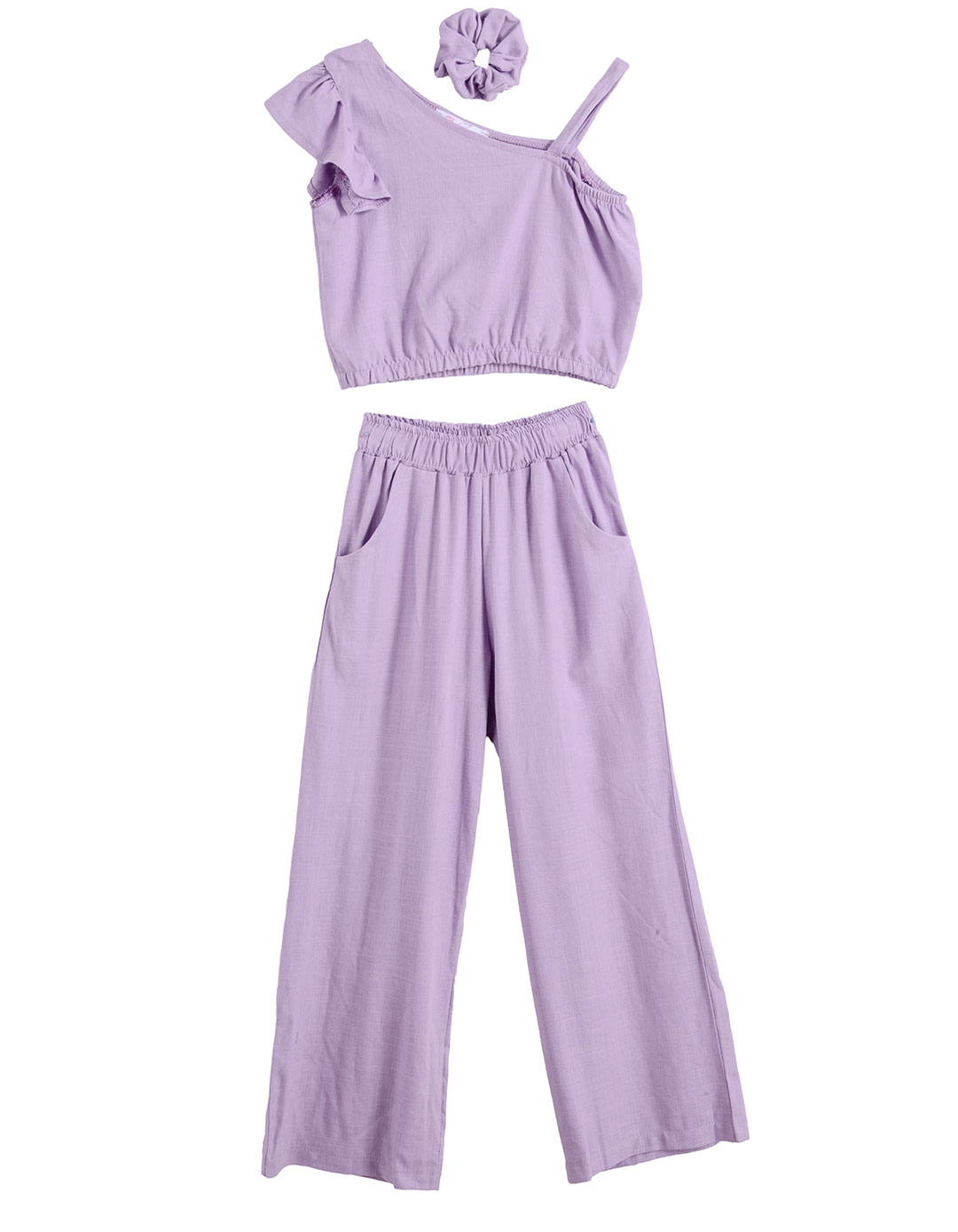 Σετ κοριτσιού με ένα ώμο και παντελόνα σε μωβ απόχρωση,30%lin70%visc.Regular Fit. Σετ κοριτσιού με ένα ώμο και παντελόνα σε μωβ απόχρωση,30%lin70%visc.Regular Fit.