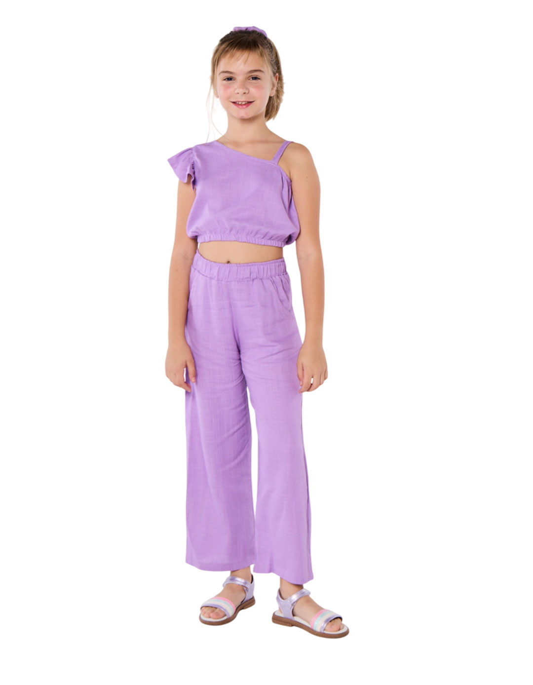 Σετ κοριτσιού με ένα ώμο και παντελόνα σε μωβ απόχρωση,30%lin70%visc.Regular Fit.