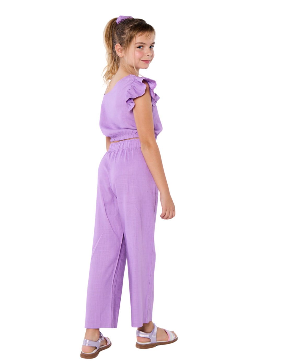 Σετ κοριτσιού με ένα ώμο και παντελόνα σε μωβ απόχρωση,30%lin70%visc.Regular Fit. Σετ κοριτσιού με ένα ώμο και παντελόνα σε μωβ απόχρωση,30%lin70%visc.Regular Fit.