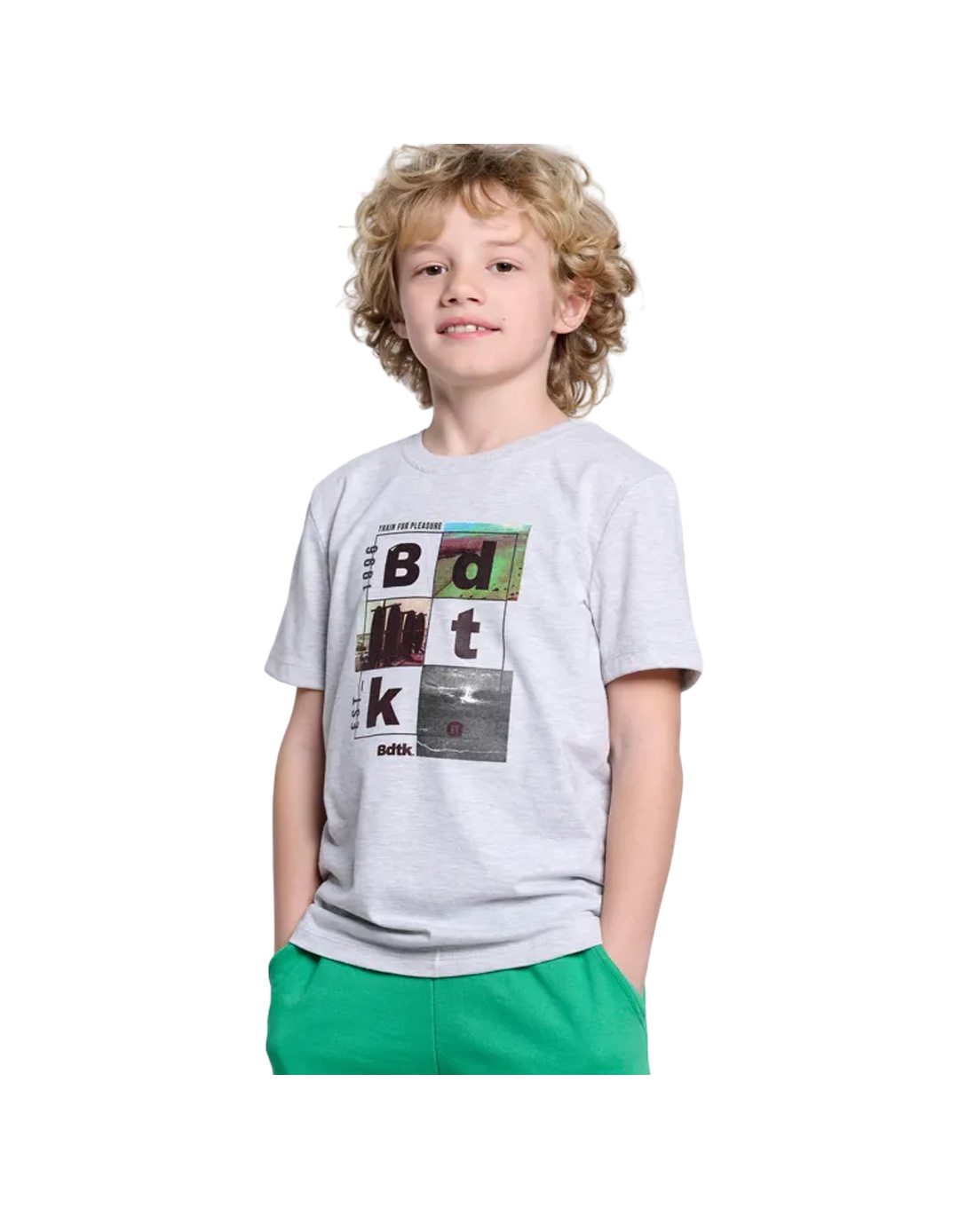 Παιδική κοντομάνικη μπλούζα Bdtk για αγόρι, γκρι μελανζέ, Regular Fit, 1000% βαμβάκι.