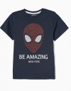 Σκούρο μπλε κοντομάνικο μπλουζάκι για αγόρια, με τύπωμα Spiderman, Slim Fit, 100% βαμβάκι.