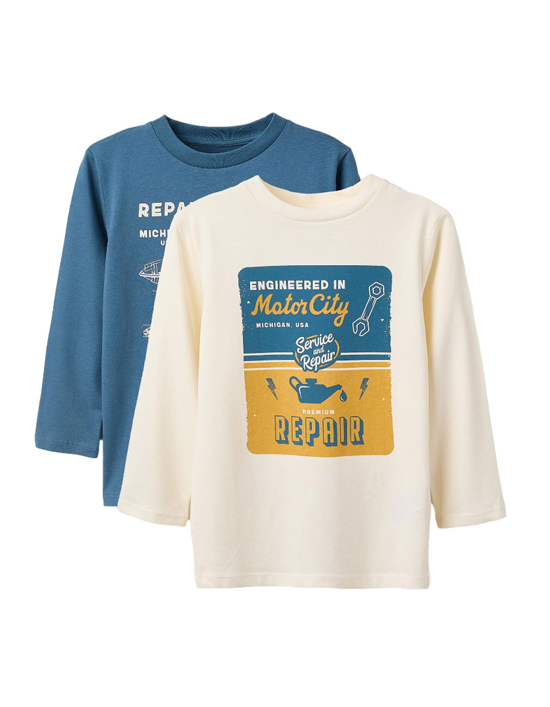 Δύο μπλουζάκια μακρυμάνικα για αγόρι, λευκό-τυρκουάζ, Slim Fit, 100% βαμβάκι.