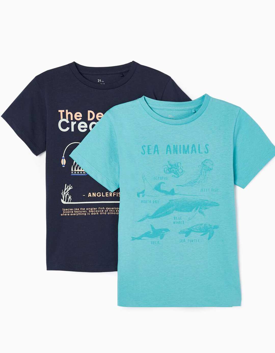  Δύο μπλουζάκια για αγόρια Μπλε/Βεραμάν, Slim Fit, 100% βαμβάκι.