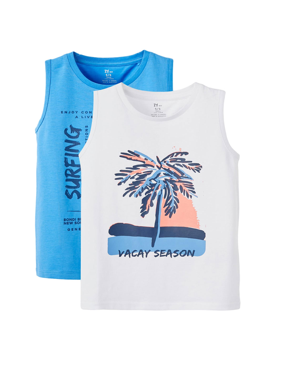 Δύο μπλουζάκια αμάνικα για αγόρι, λευκό-μπλε, Slim Fit, 100% βαμβάκι.