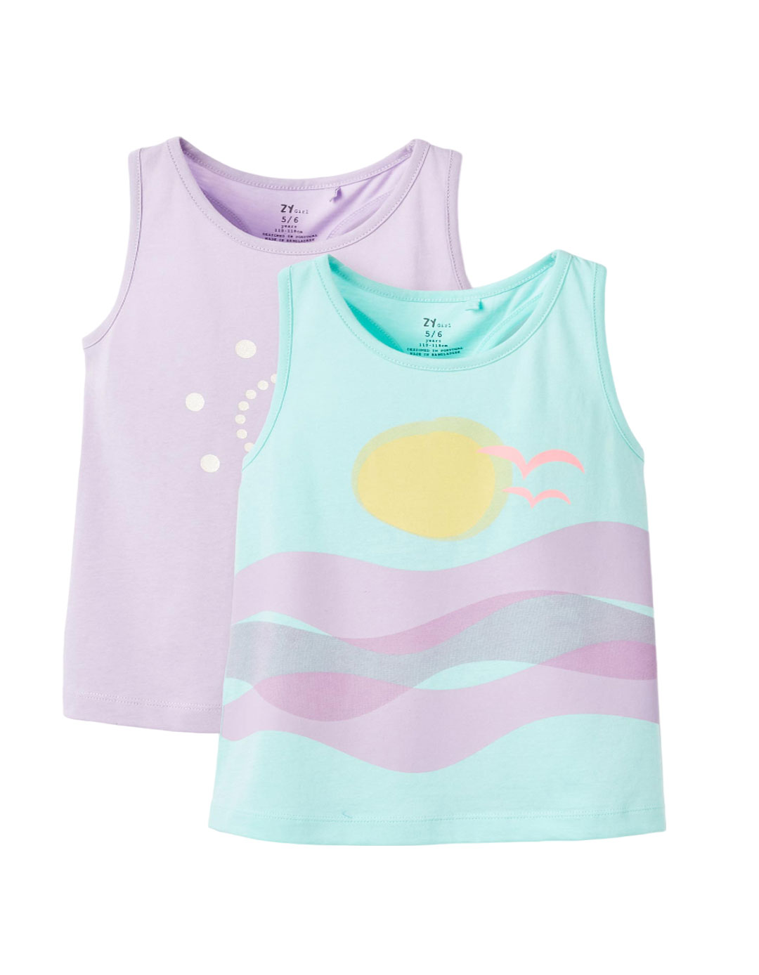 Δύο μπλουζάκια αμάνικα για κορίτσι, μέντα-λιλά, Slim Fit, 100% βαμβάκι. Δύο μπλουζάκια αμάνικα για κορίτσι, μέντα-λιλά, Slim Fit, 100% βαμβάκι.