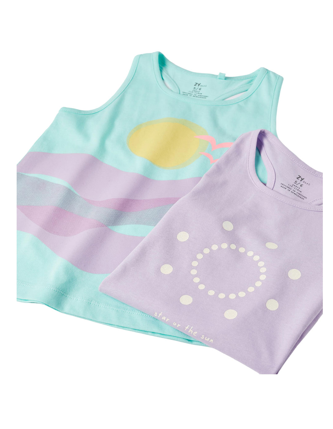 Δύο μπλουζάκια αμάνικα για κορίτσι, μέντα-λιλά, Slim Fit, 100% βαμβάκι.