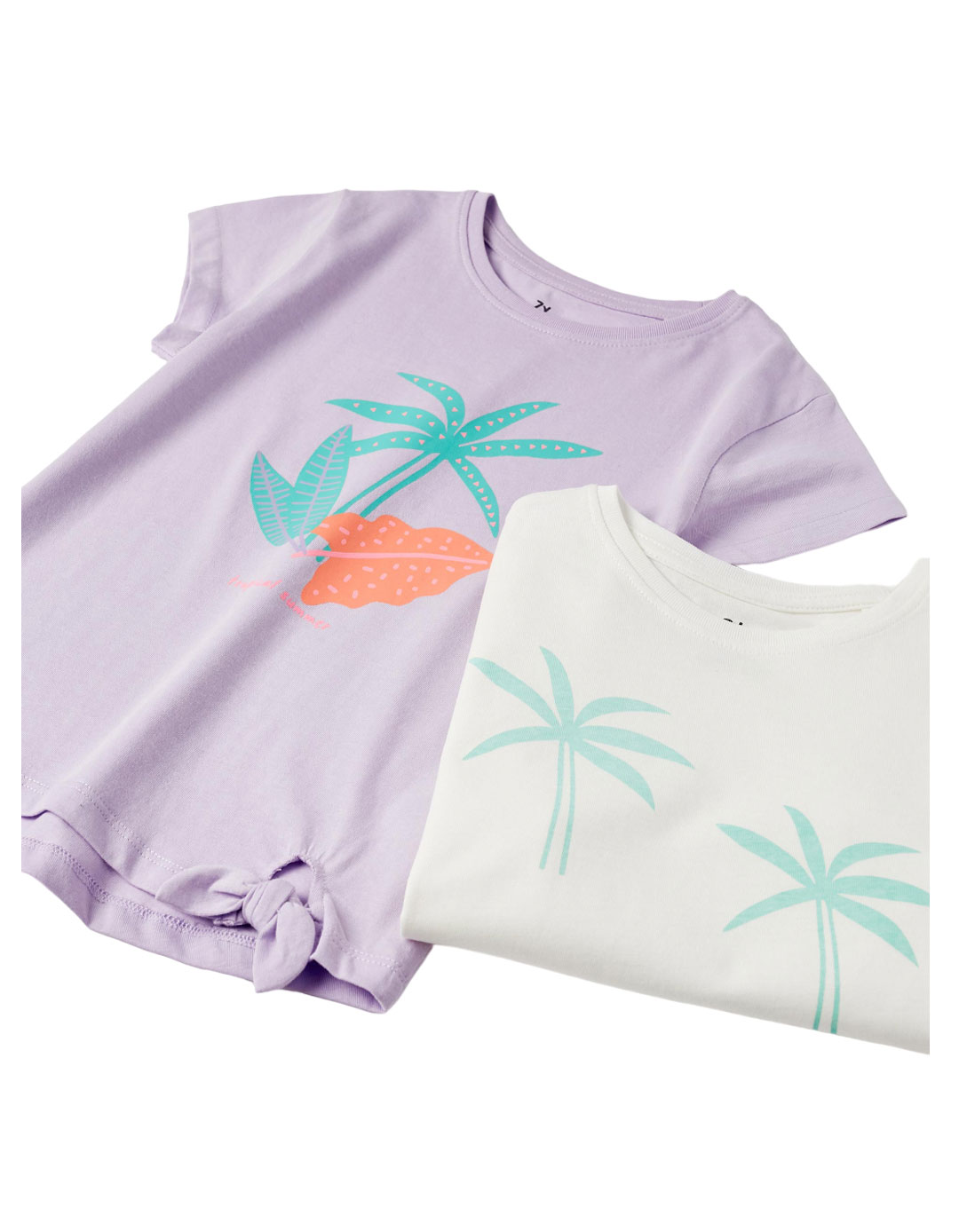 Δύο μπλουζάκια κοντομάνικα για κορίτσι, λευκό-λιλά, Slim Fit, 100% βαμβάκι.