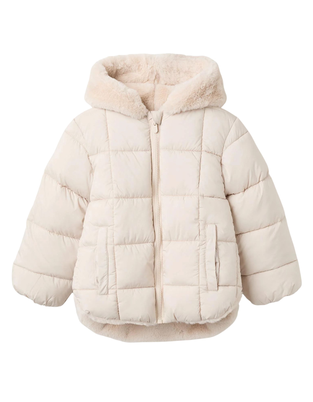 Μπεζ Μπουφάν με Κουκούλα και Γούνινη Επένδυση για Κορίτσι 4-14 Ετών .Slim Fit.