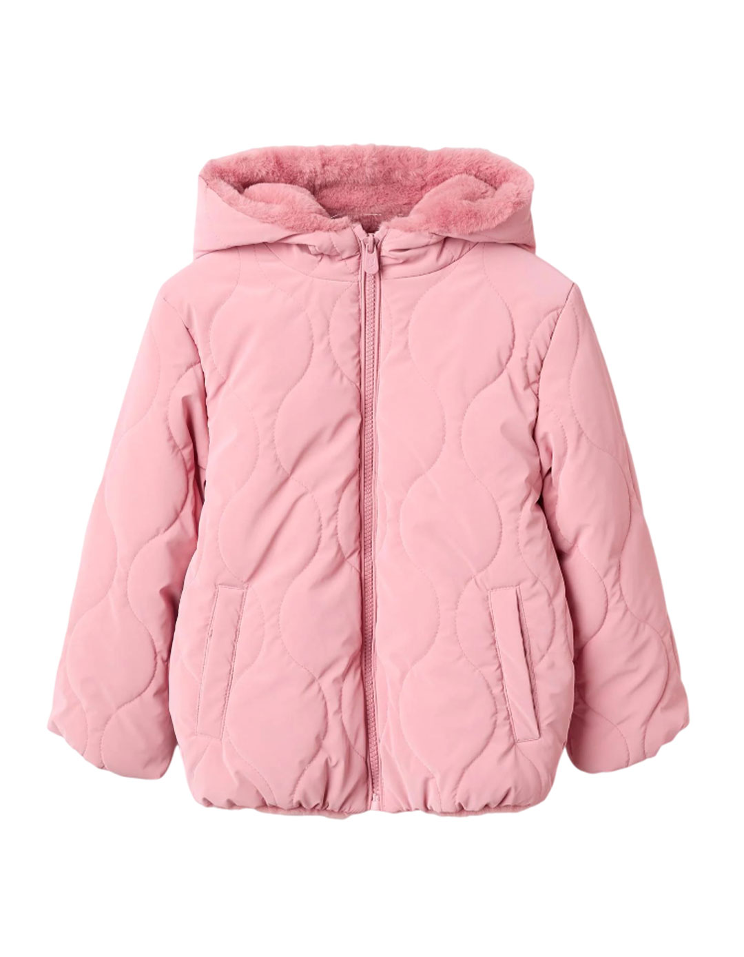Ροζ Μπουφάν με Κουκούλα και Γούνινη Επένδυση για Κορίτσι 4-14 Ετών.Slim Fit.