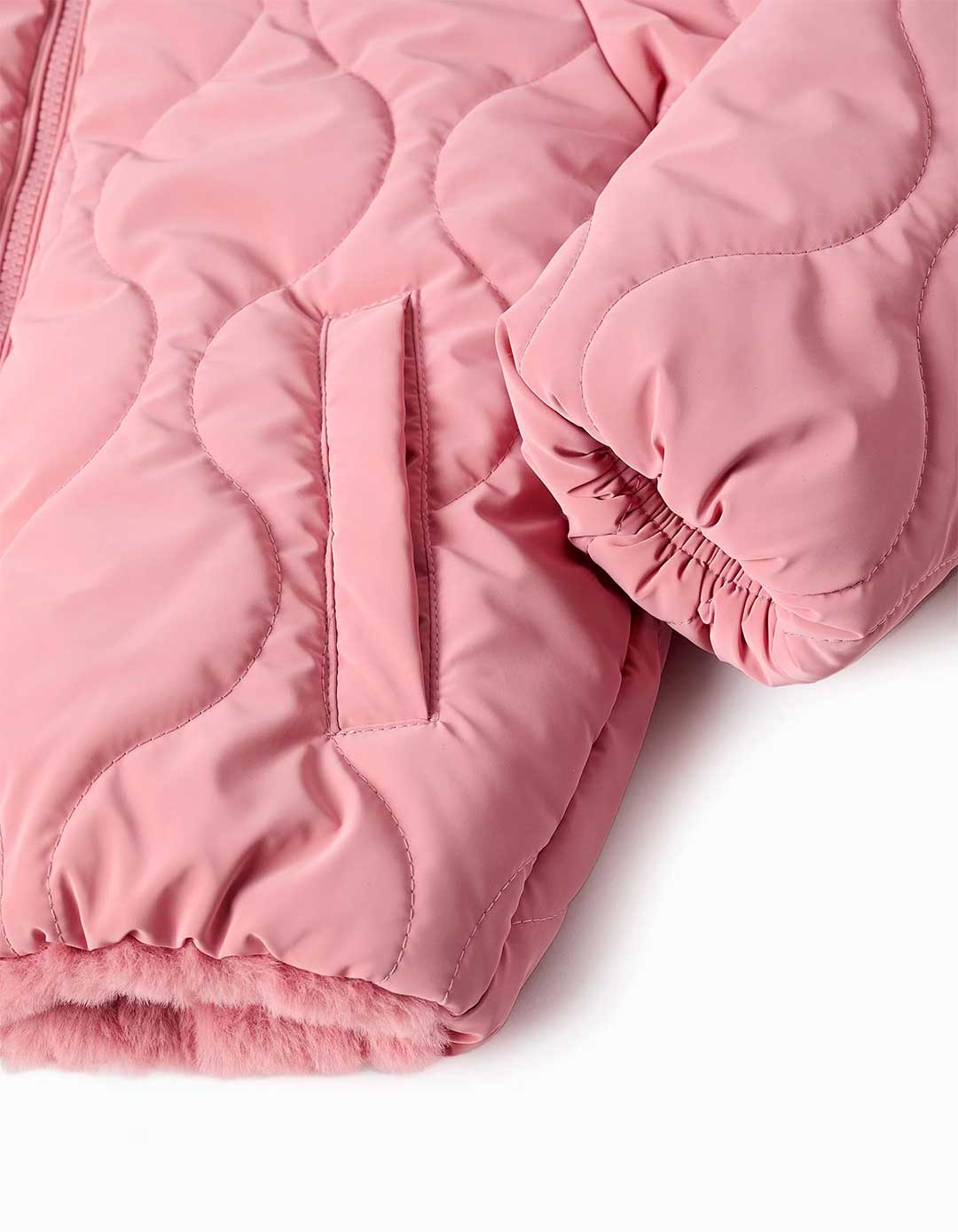Ροζ παιδικό μπουφάν με κουκούλα και γούνα για κορίτσι