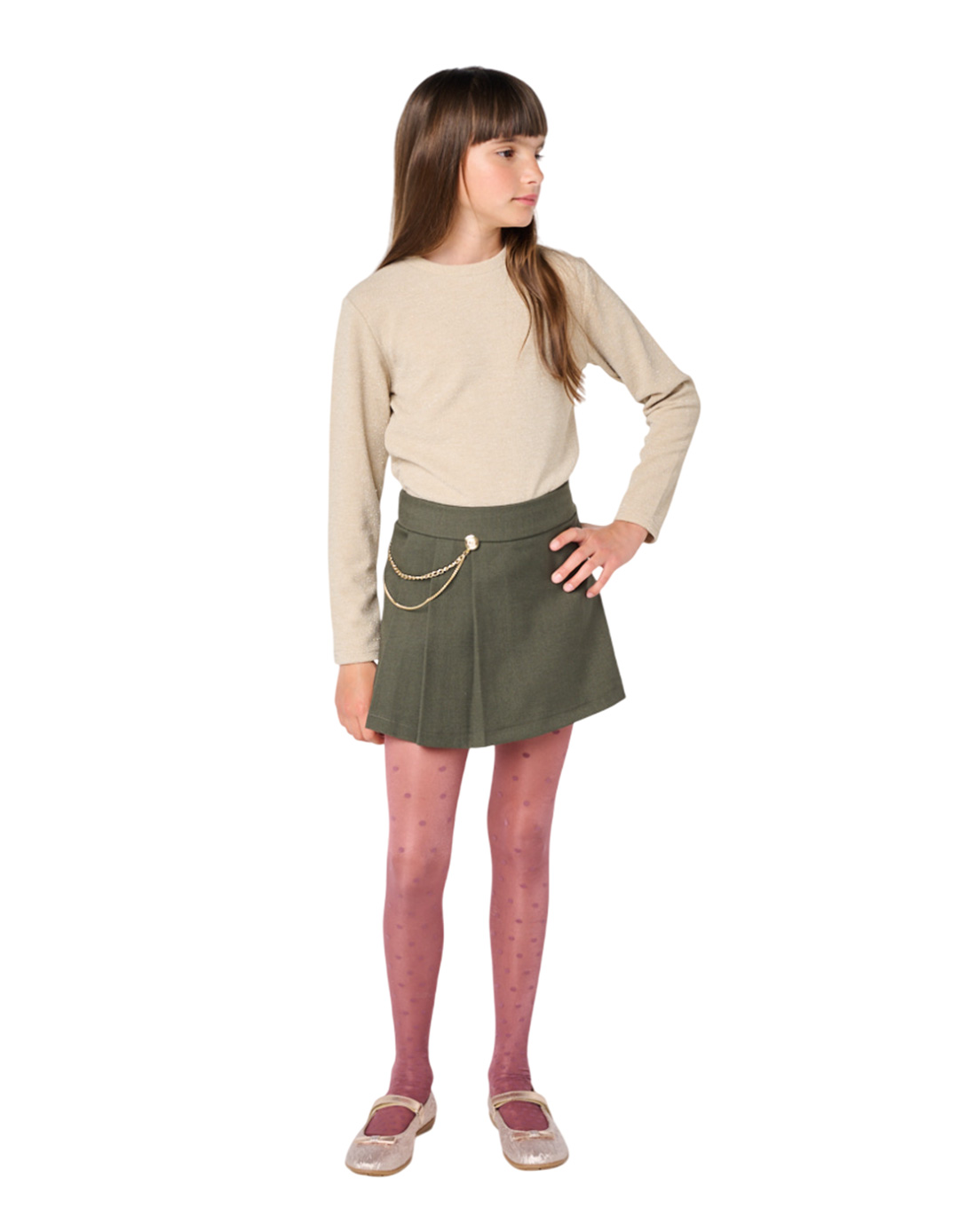 Παιδική μπλούζα μπεζ με σοτσοφούστα χακί Babylonfashion 8–16 ετών.Regular Fit.