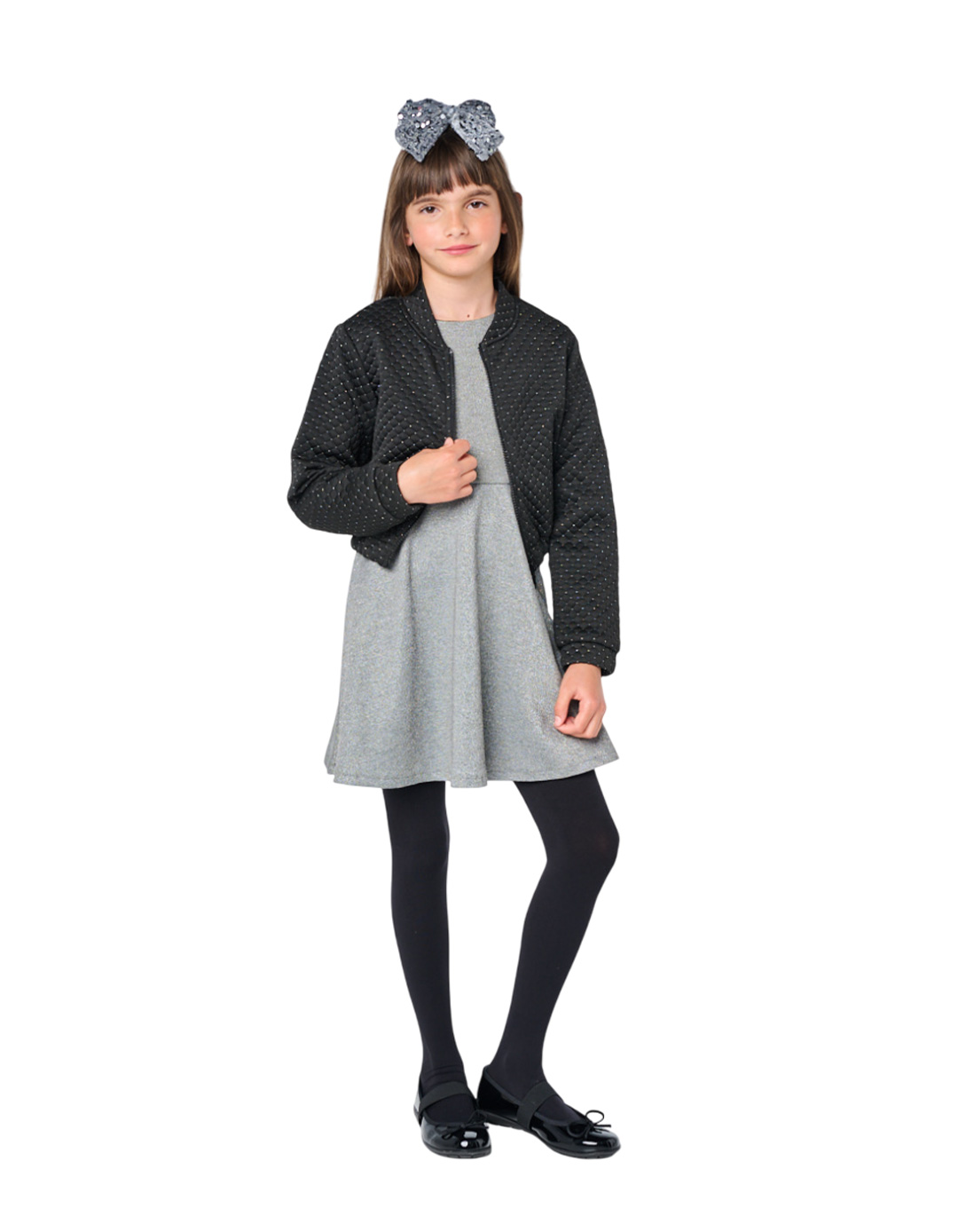 Παιδικό φόρεμα Babylonfashion γκρι-ασημί με μαύρο ζακετάκι 8–16 ετών.Regular Fit.