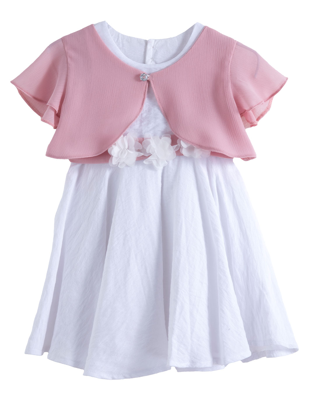 Λευκό παιδικό φόρεμα με ροζ μπολερό και διακοσμητική ζώνη.Regular Fit.