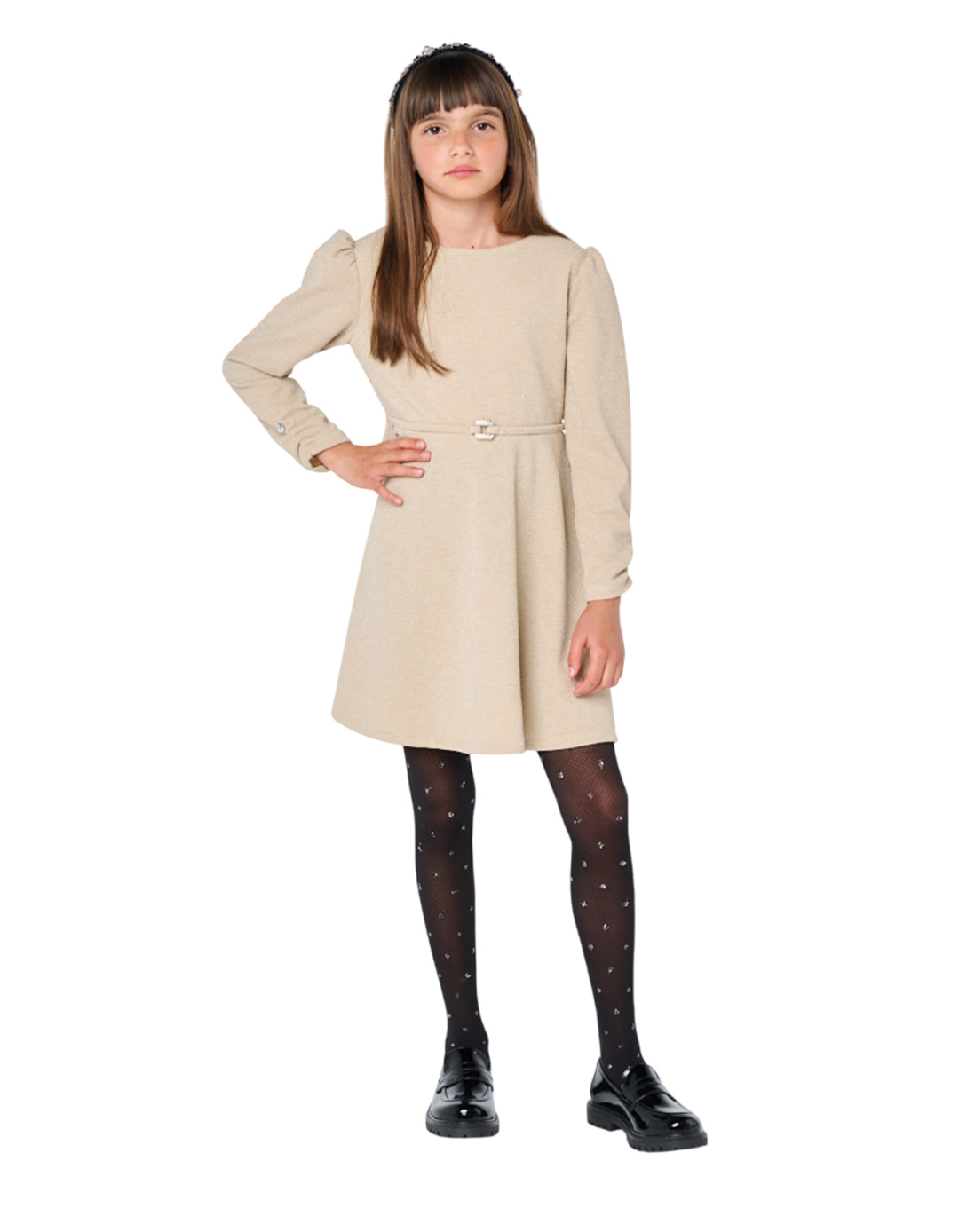 Παιδικό φόρεμα Babylonfashion μπεζ με διακοσμητική αγκράφα 8–16 ετών.Regular Fit.