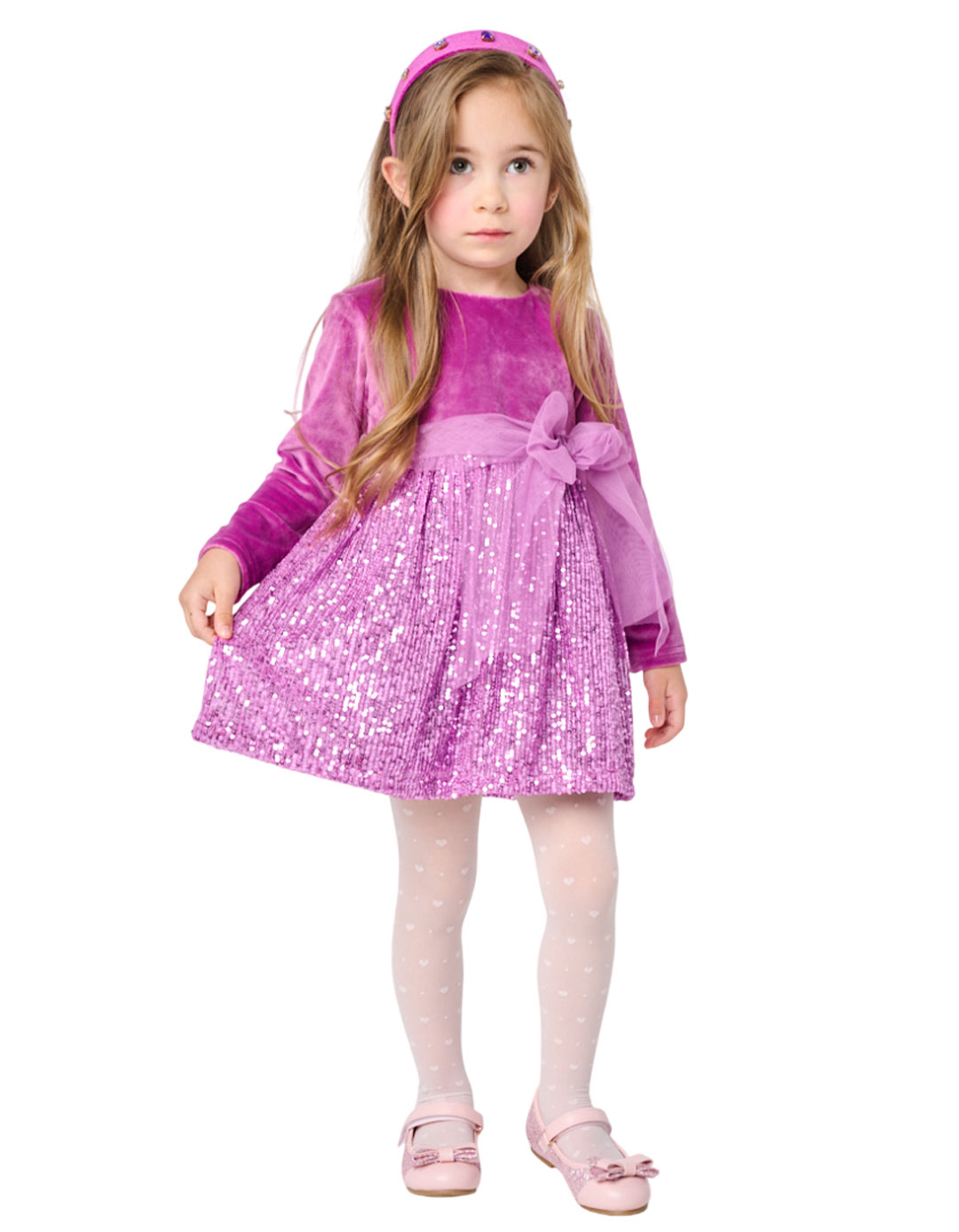 Παιδικό φόρεμα Babylonfashion ροζ φούξια με παγιέτες και φιόγκο 2–8 ετών.Regular Fit.