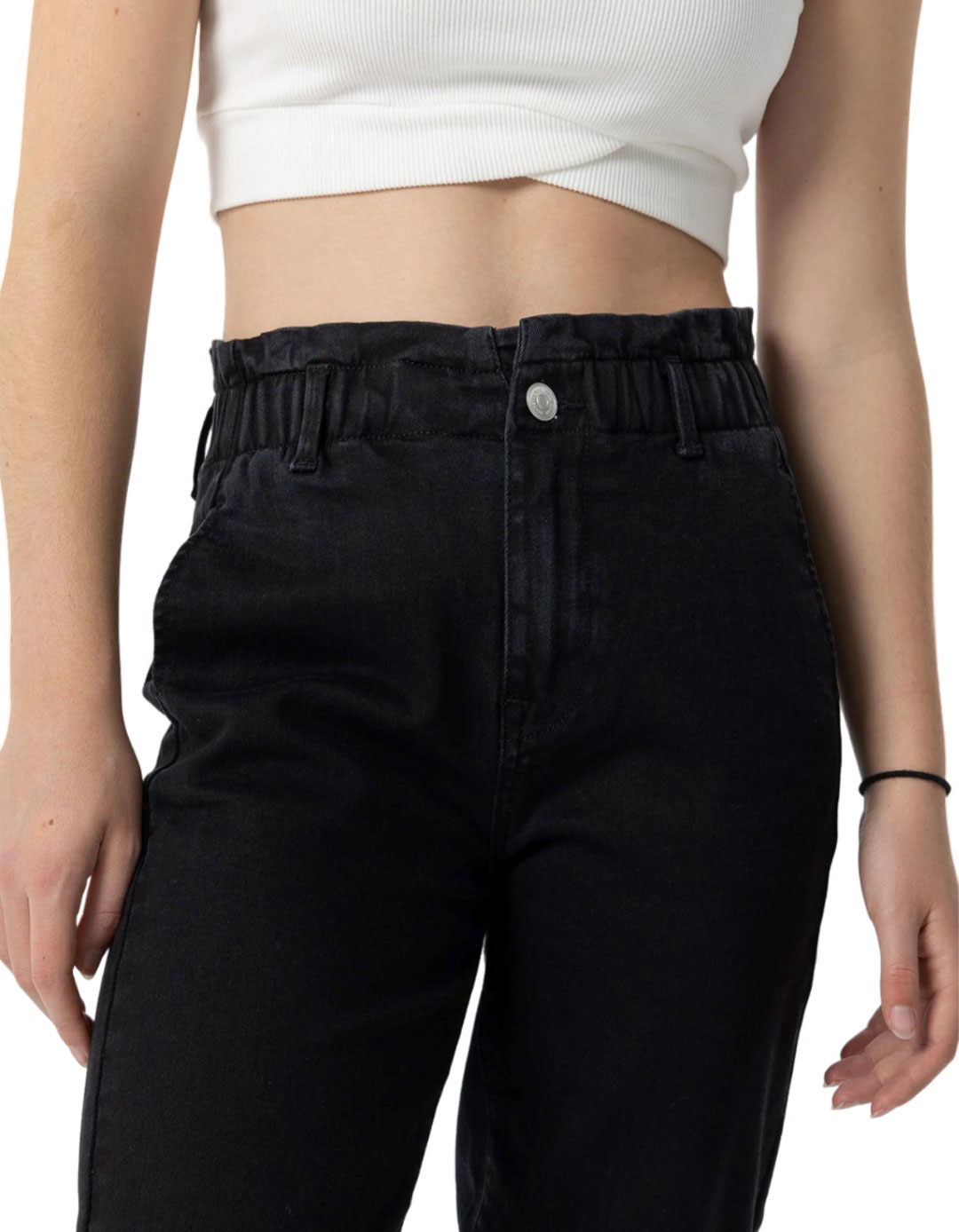 Ψηλόμεσο τζιν Paperbag για κορίτσι, μαύρο, Regular Fit, 98% βαμβάκι, 2% ελαστάνη.