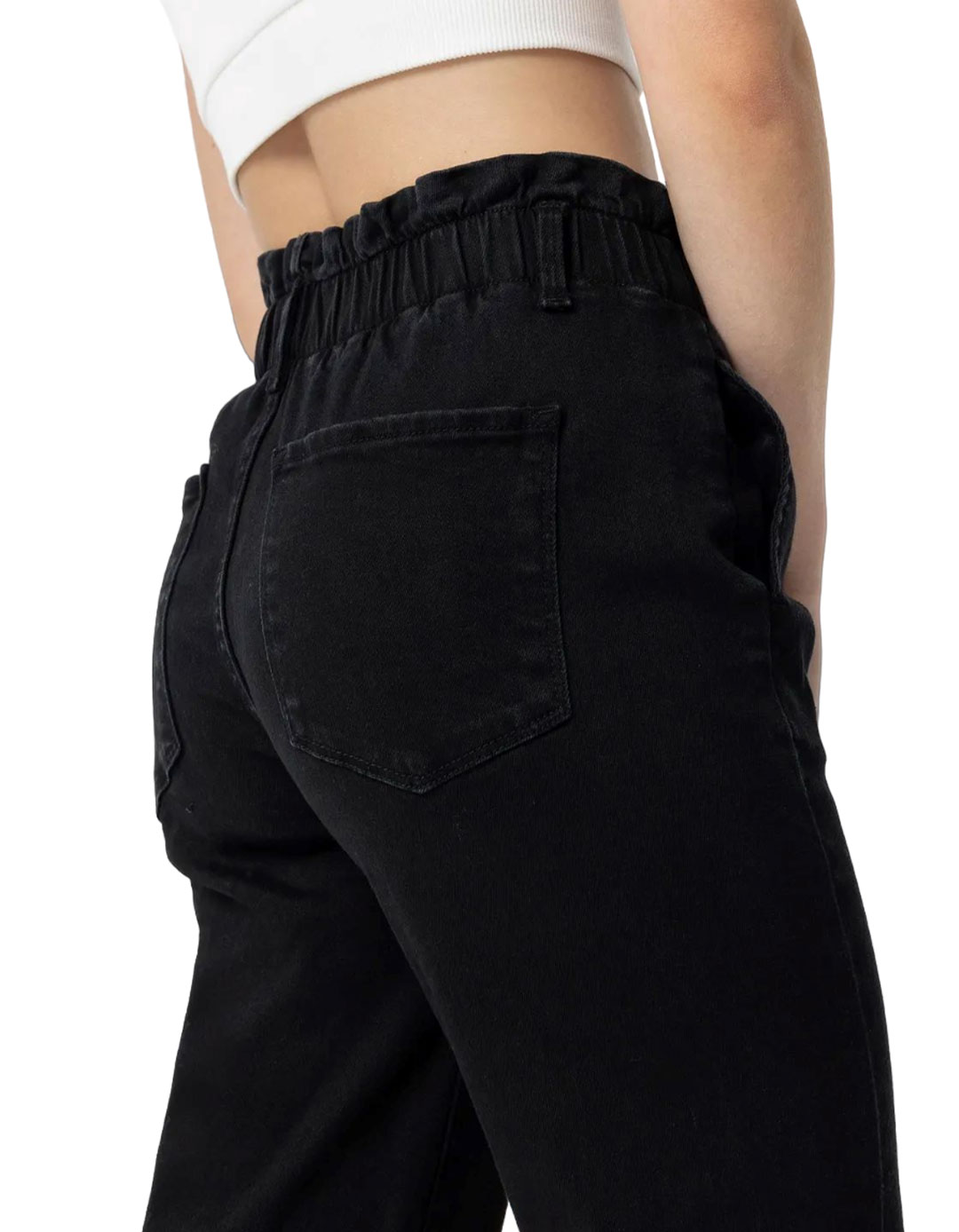 Ψηλόμεσο τζιν Paperbag για κορίτσι, μαύρο, Regular Fit, 98% βαμβάκι, 2% ελαστάνη.