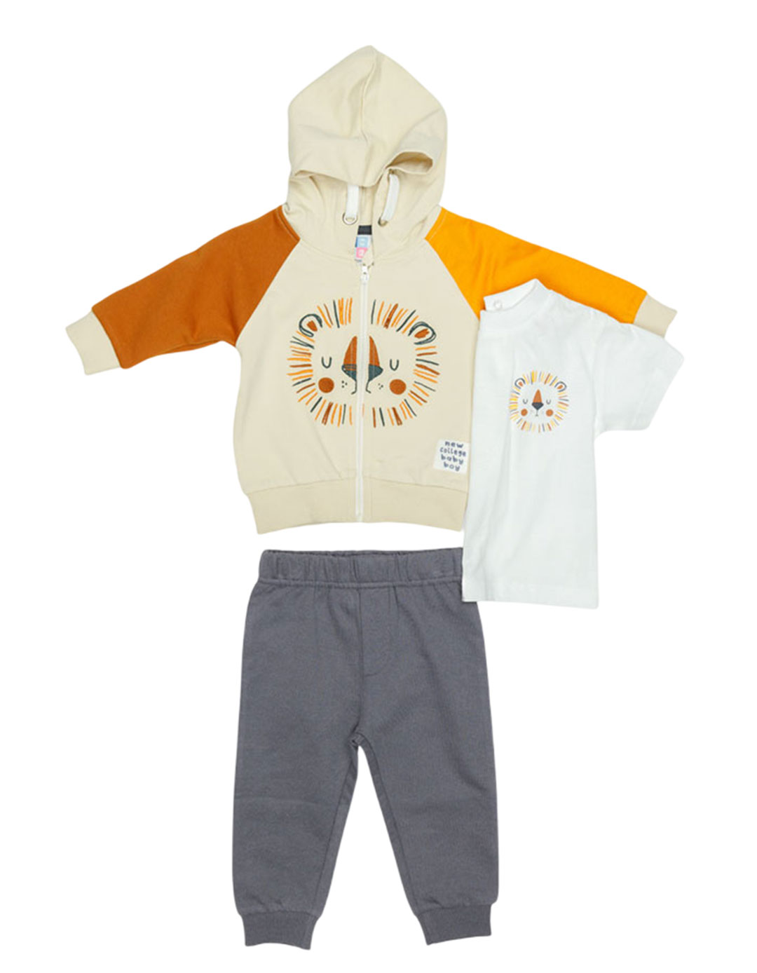 Παιδικό σετ για αγόρι 3 τεμαχίων με κουκούλα και στάμπα λιοντάρι, μπεζ-γκρι.Regular Fit.