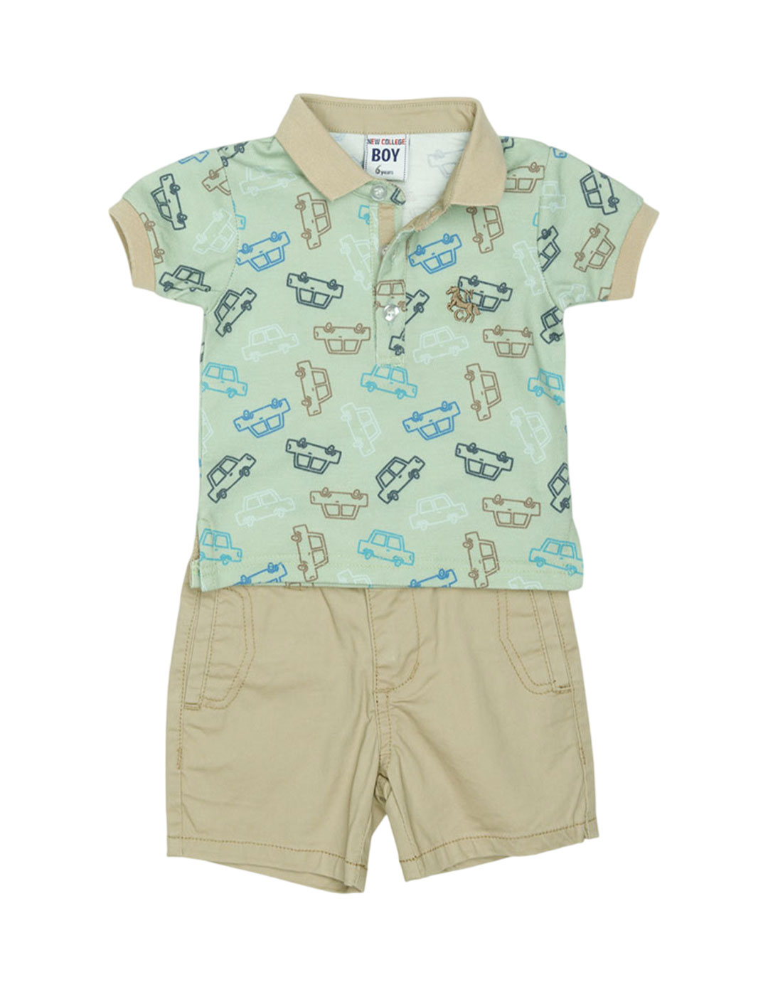 Καλοκαιρινό Παιδικό Σετ για Αγόρι – Μπλουζάκι Πράσινο Polo & Μπεζ Σορτς με Σχέδιο Αυτοκίνητα.Regular Fit.