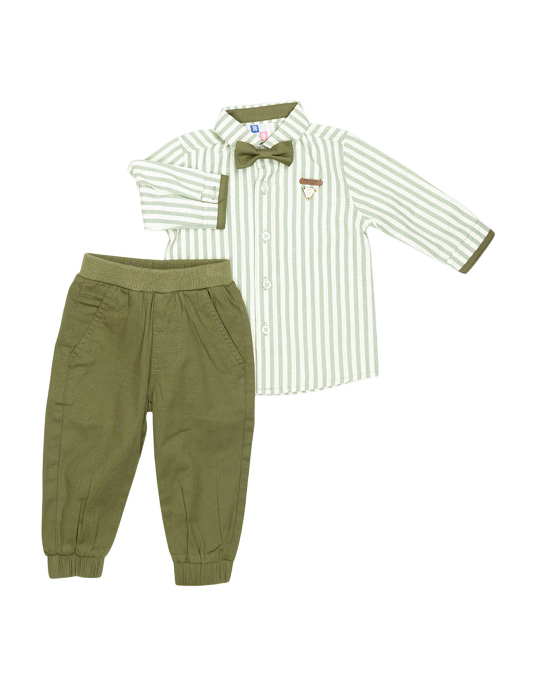 Παιδικό Σετ για Αγόρι με Παπιγιόν – Ριγέ Πουκάμισο & Παντελόνι σε Λαδί Απόχρωση.Regular Fit.