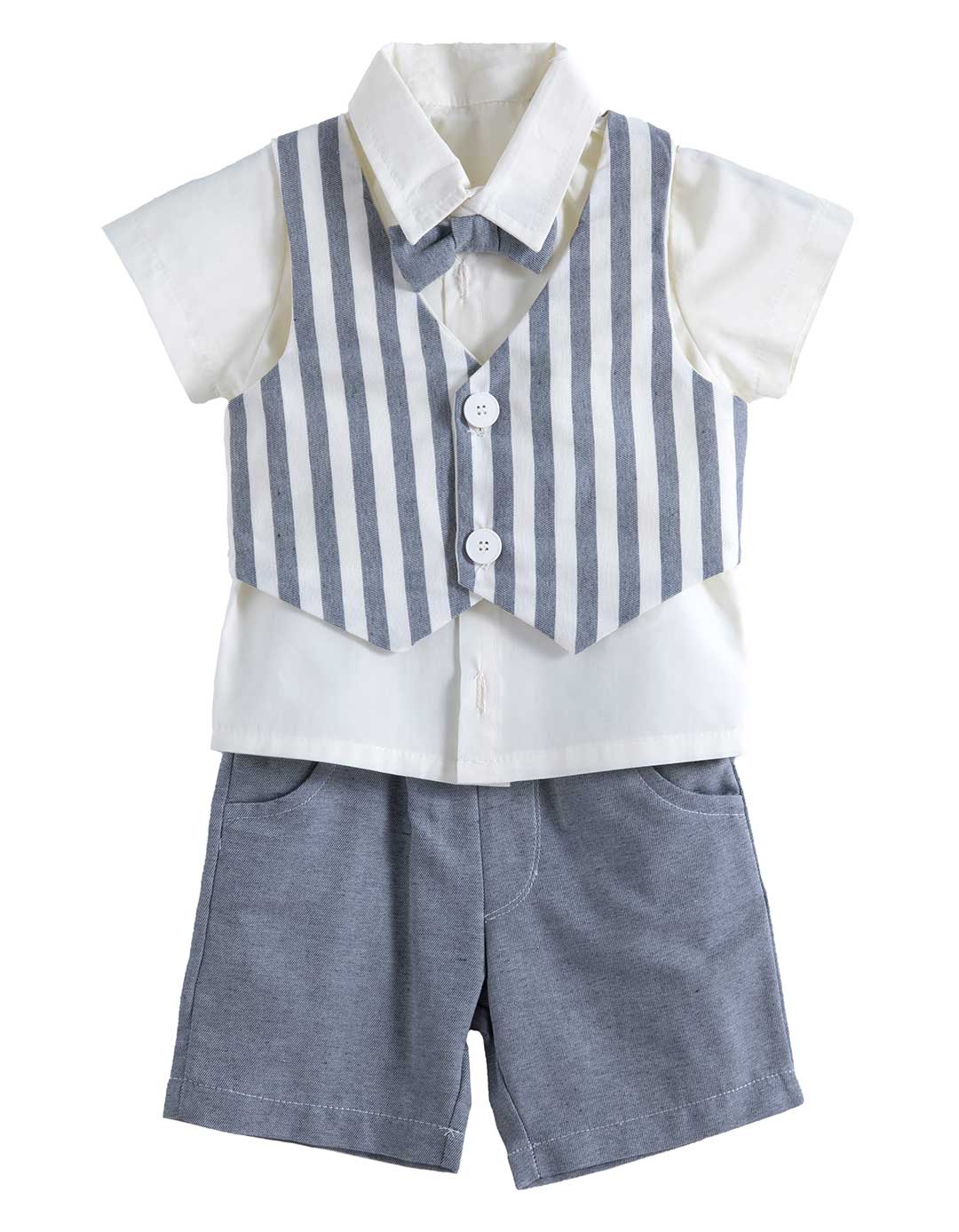 Βρεφικό Σετ για Αγόρι με Πουκάμισο, Γιλέκο και Σορτσάκι,Εκρου-Γκρι70%cotton30%pl.Καλοκαιρινό Σύνολο με Παπιγιόν.Regular Fit.