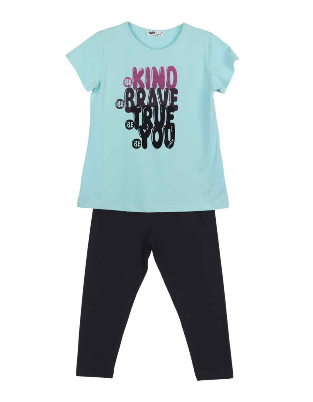 Παιδικό σετ για κορίτσι με μπλούζα και κολάν, γαλάζιο-μαύρο, Regular Fit, 100% βαμβάκι