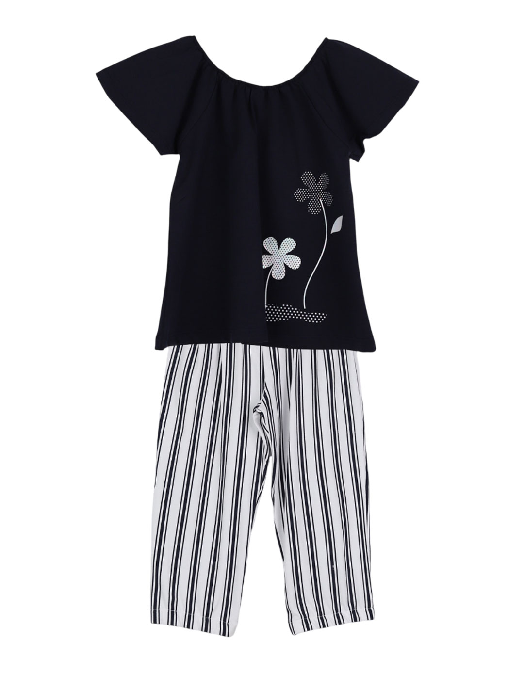 Παιδικό Σετ Κορίτσι Μπλούζα με Λουλούδια & Ριγέ Παντελόνι Κάπρι.Regular Fit.