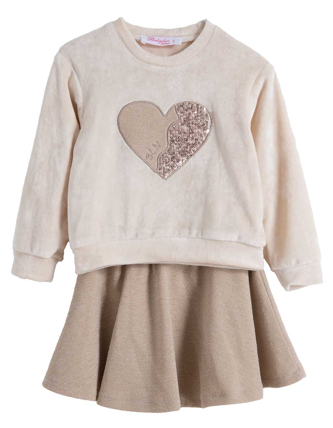 Παιδικό σετ Babylonfashion με μπλούζα εκρού και φούστα μπεζ με καρδιά