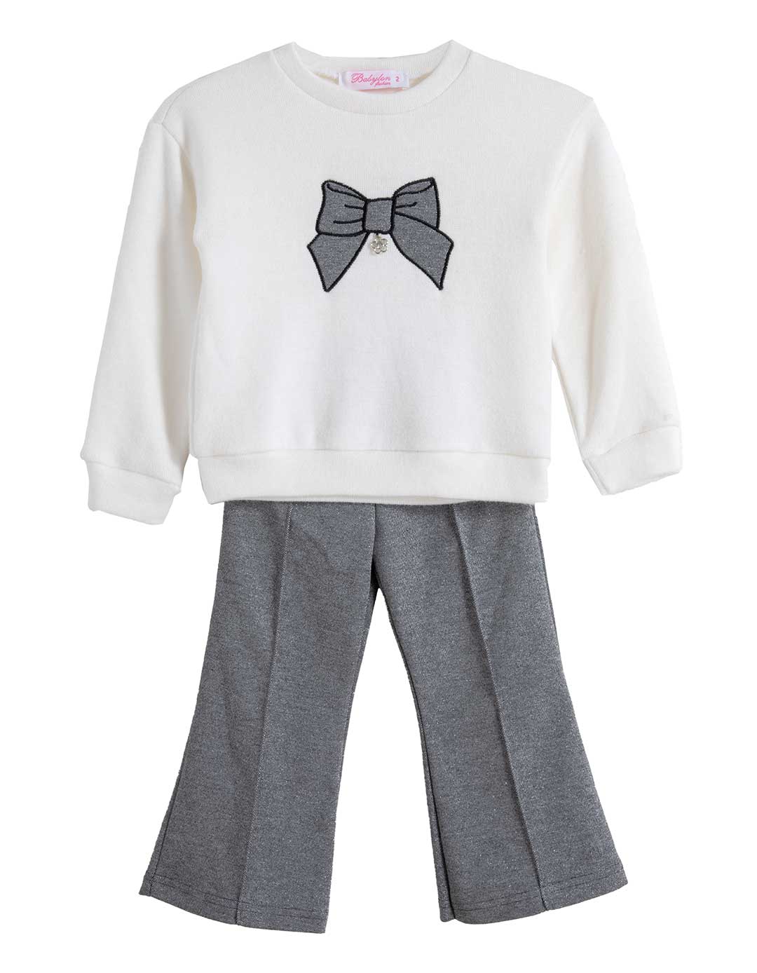  Παιδικό σετ Babylonfashion με εκρού μπλούζα και γκρι παντελόνι με φιόγκο