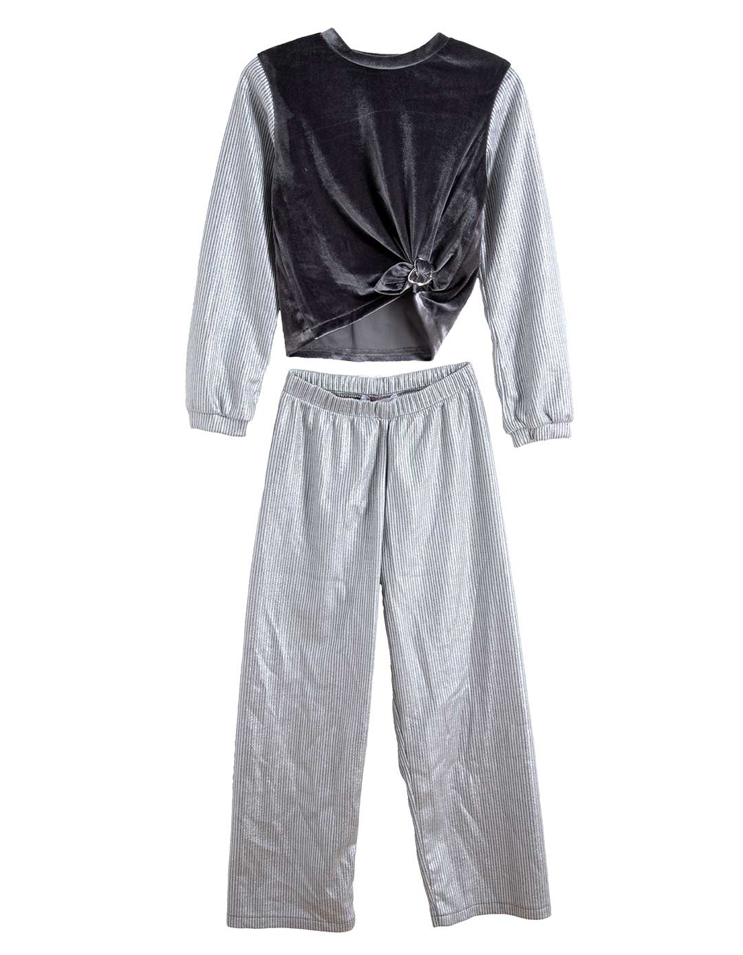 Παιδικό σετ με μπλούζα γκρι βελούδο και παντελόνι ασημί ριγέ