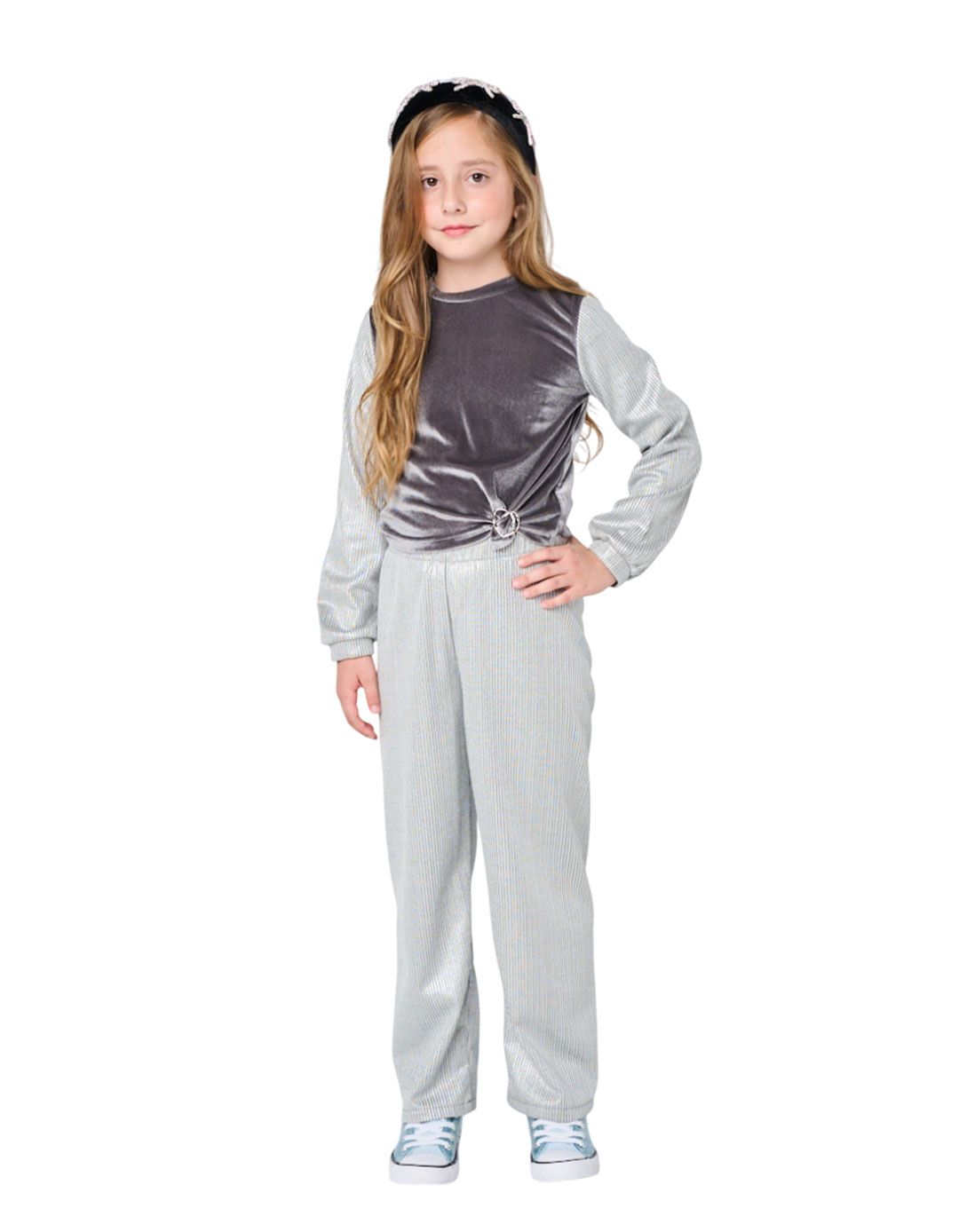 Παιδικό σετ Babylonfashion μπλούζα γκρι βελούδο και παντελόνι ασημί ριγέ 8–16 ετών.Regular Fit.